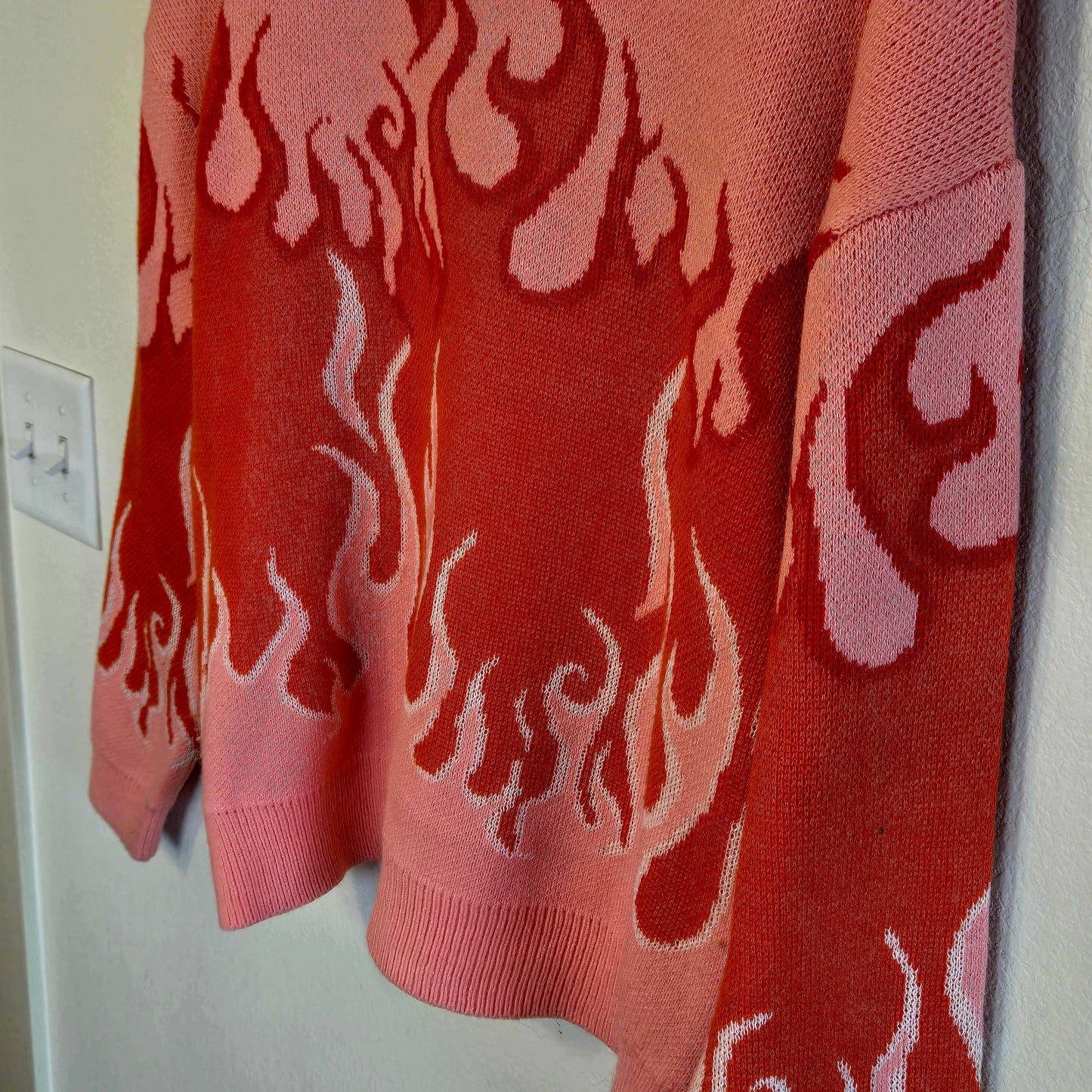 Size M – Pink & Orange Fire Print Oversized Knit Sweater