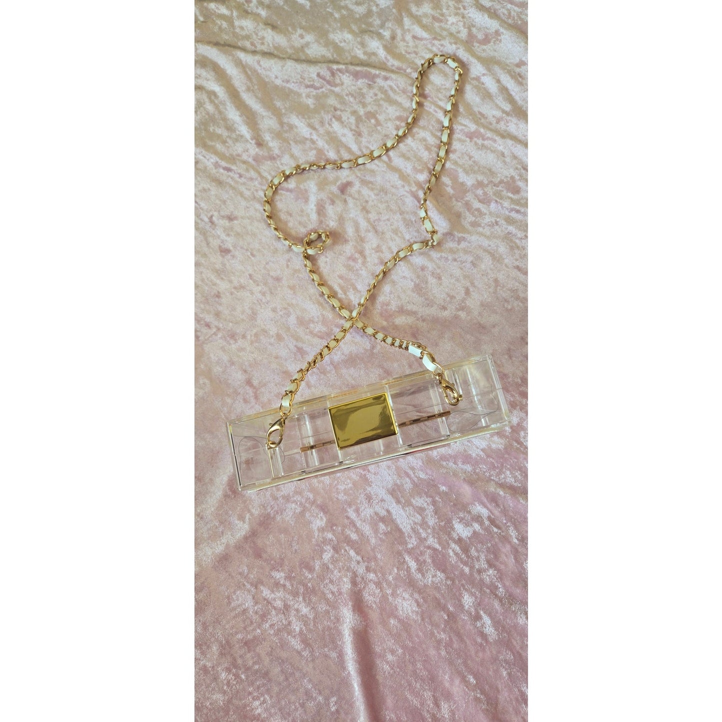 Cassette Tape Crossbody box bag clear gold and white handle