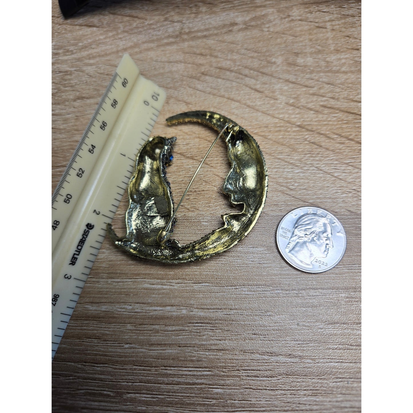 XL Cat Moon Rhinestone Brooch Iridescent Statement Pin Celestial Black Cat Jewelry