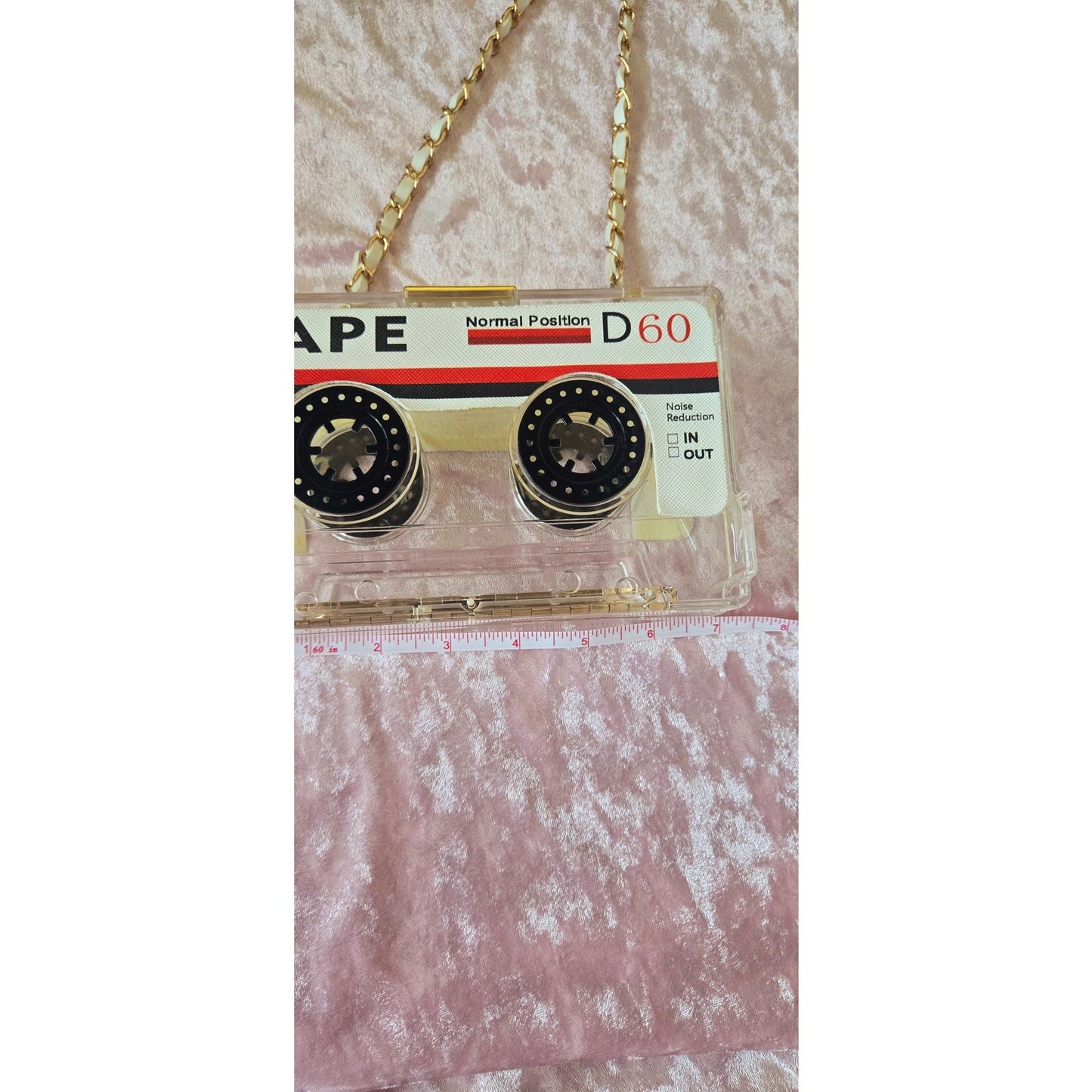 Cassette Tape Crossbody box bag clear gold and white handle