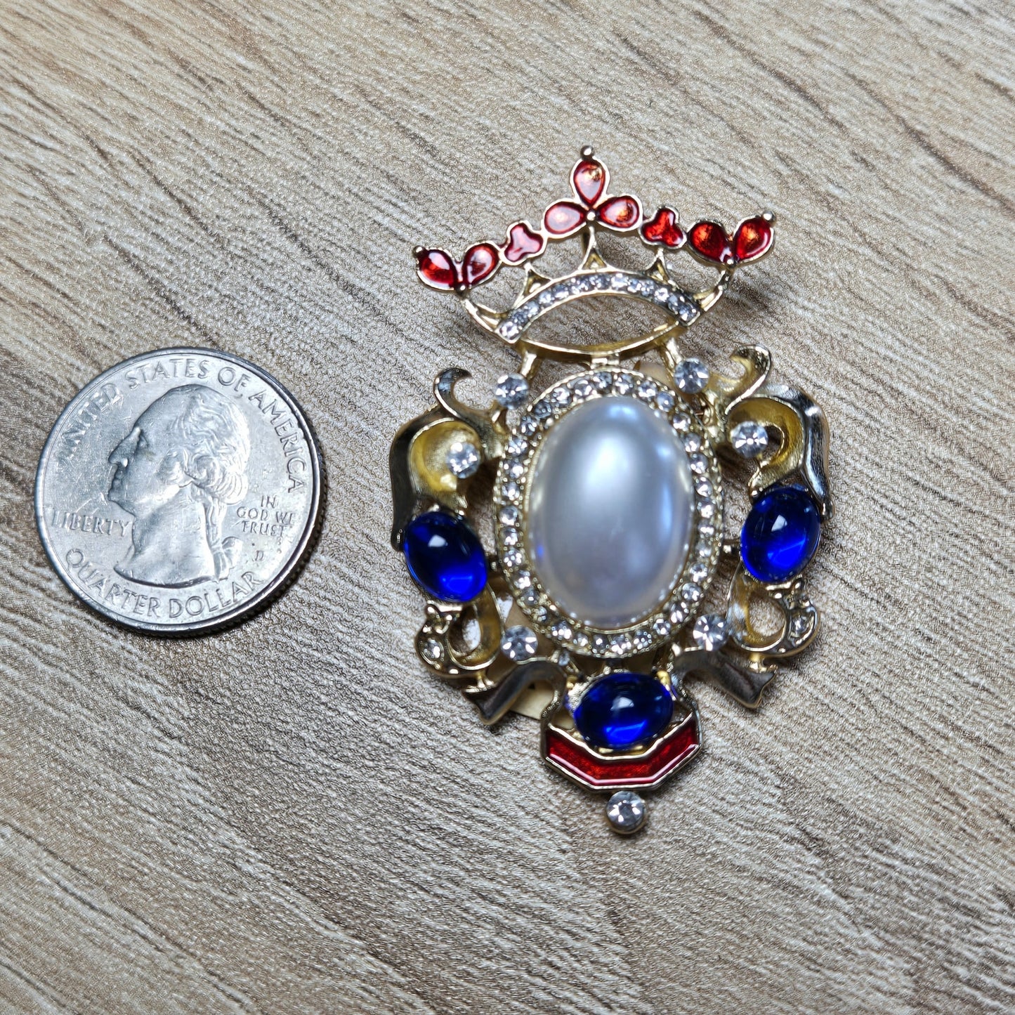 Regal Faux Pearl & Gem Crown Brooch