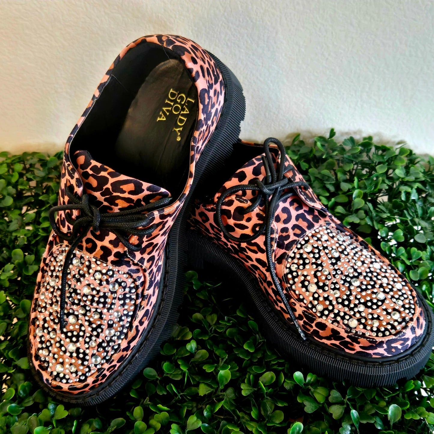 Size 6.5 – Lady Go Diva Leopard Satin Oxfords w/ Rhinestone Toes (NWT)