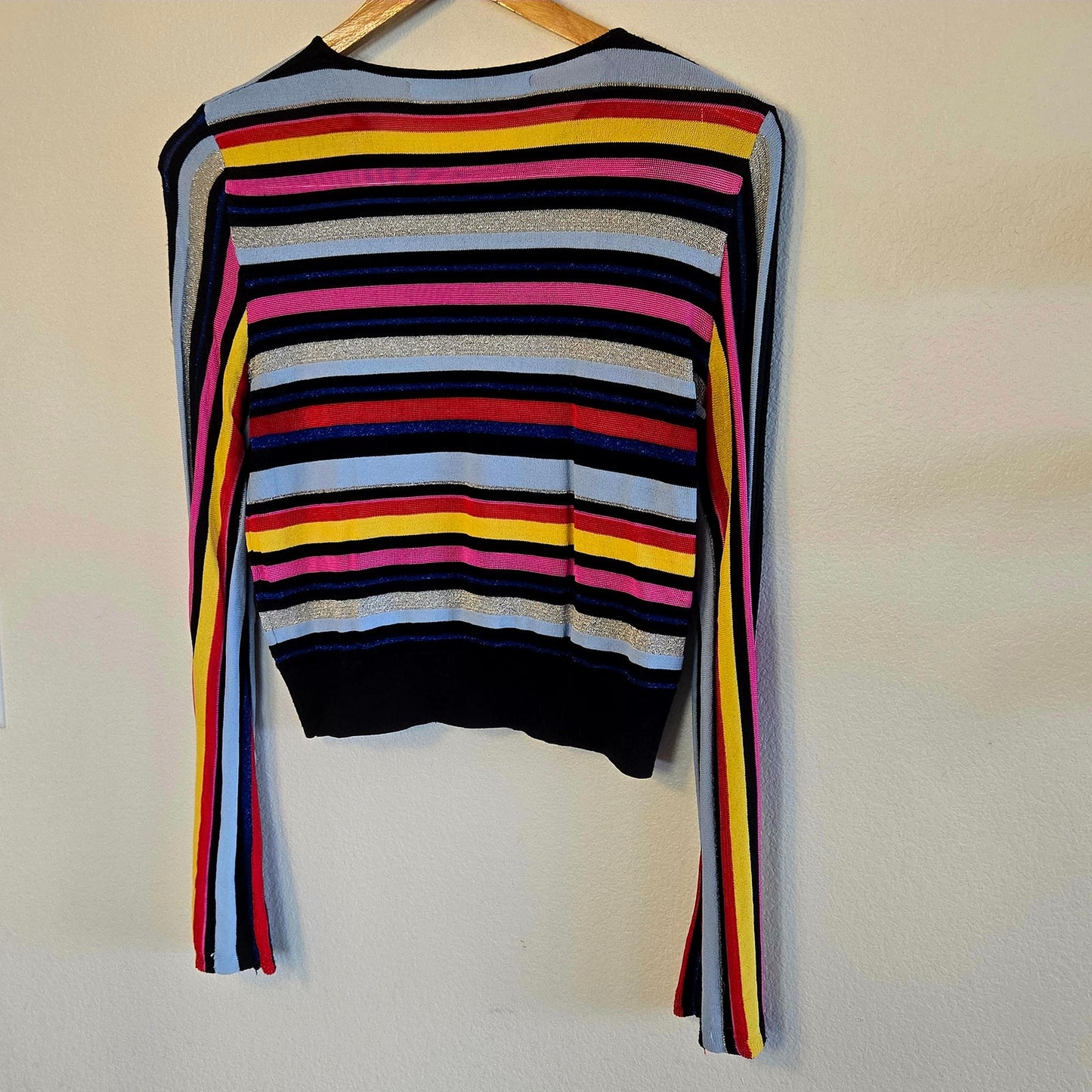 Size L – Rachel Roy Rainbow Stripe Bell Sleeve Knit Top