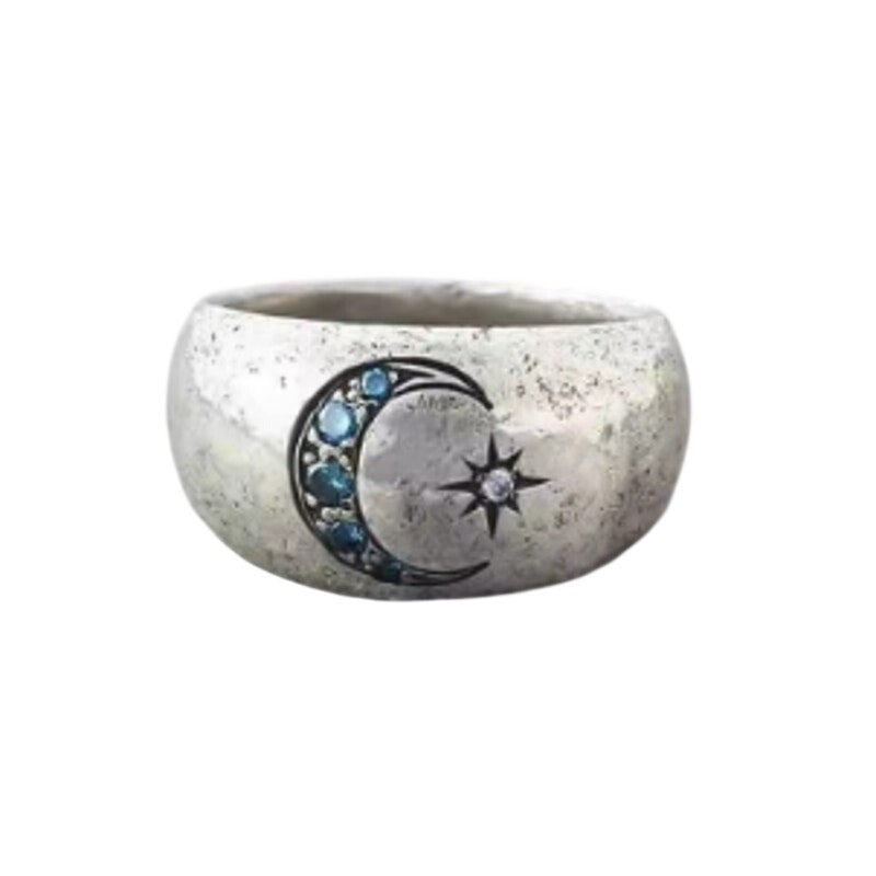 Size 12 Sun Moon Ring Silver Color Inlaid Blue Stones