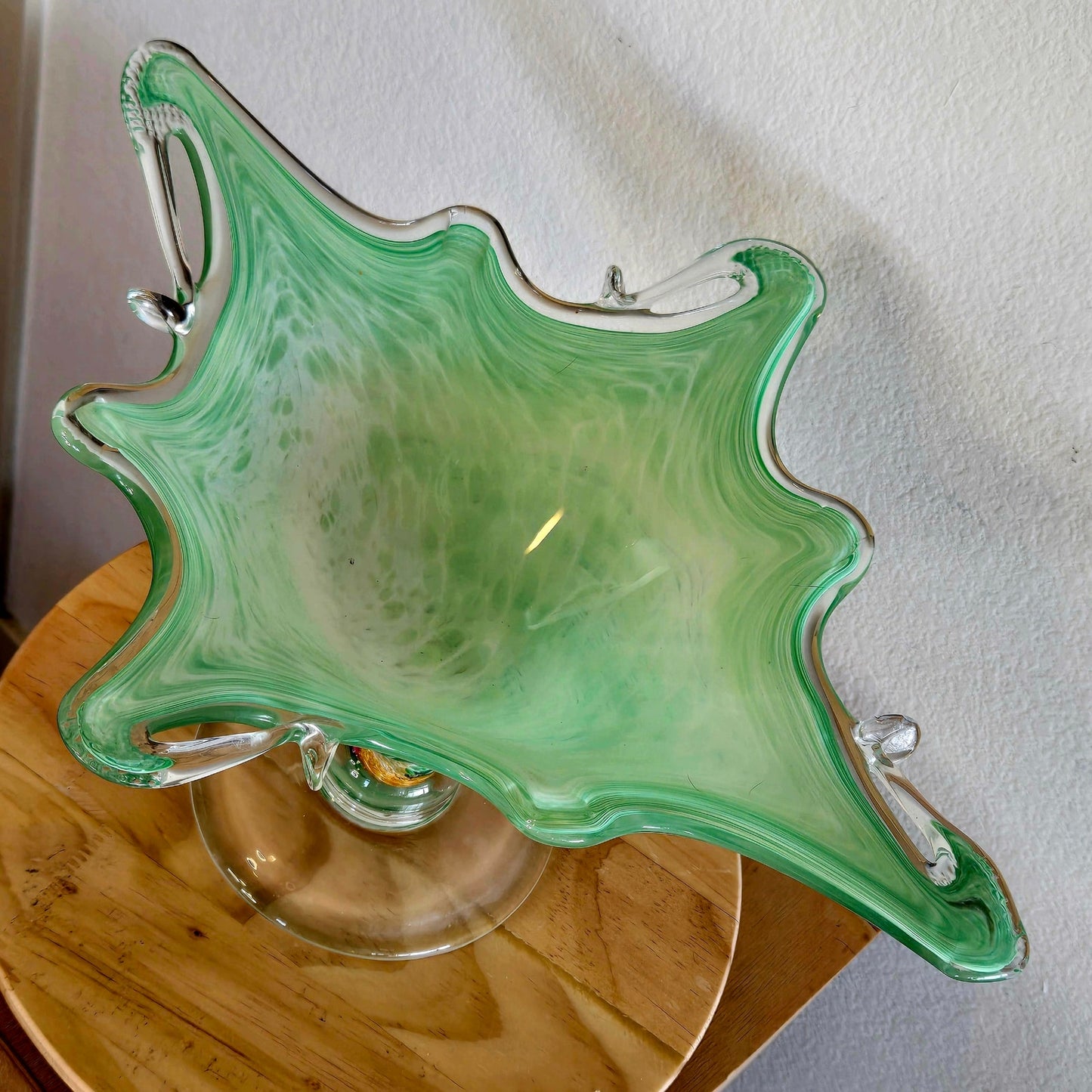Handblown Murano Art Glass Pedestal Bowl – Green, White & Pink
