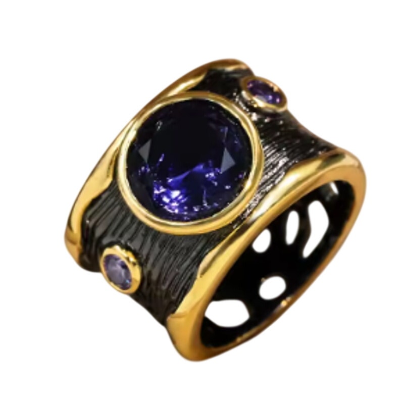 Size 10 Gold and Chrome Toned Round Cut Amethyst Style Ring