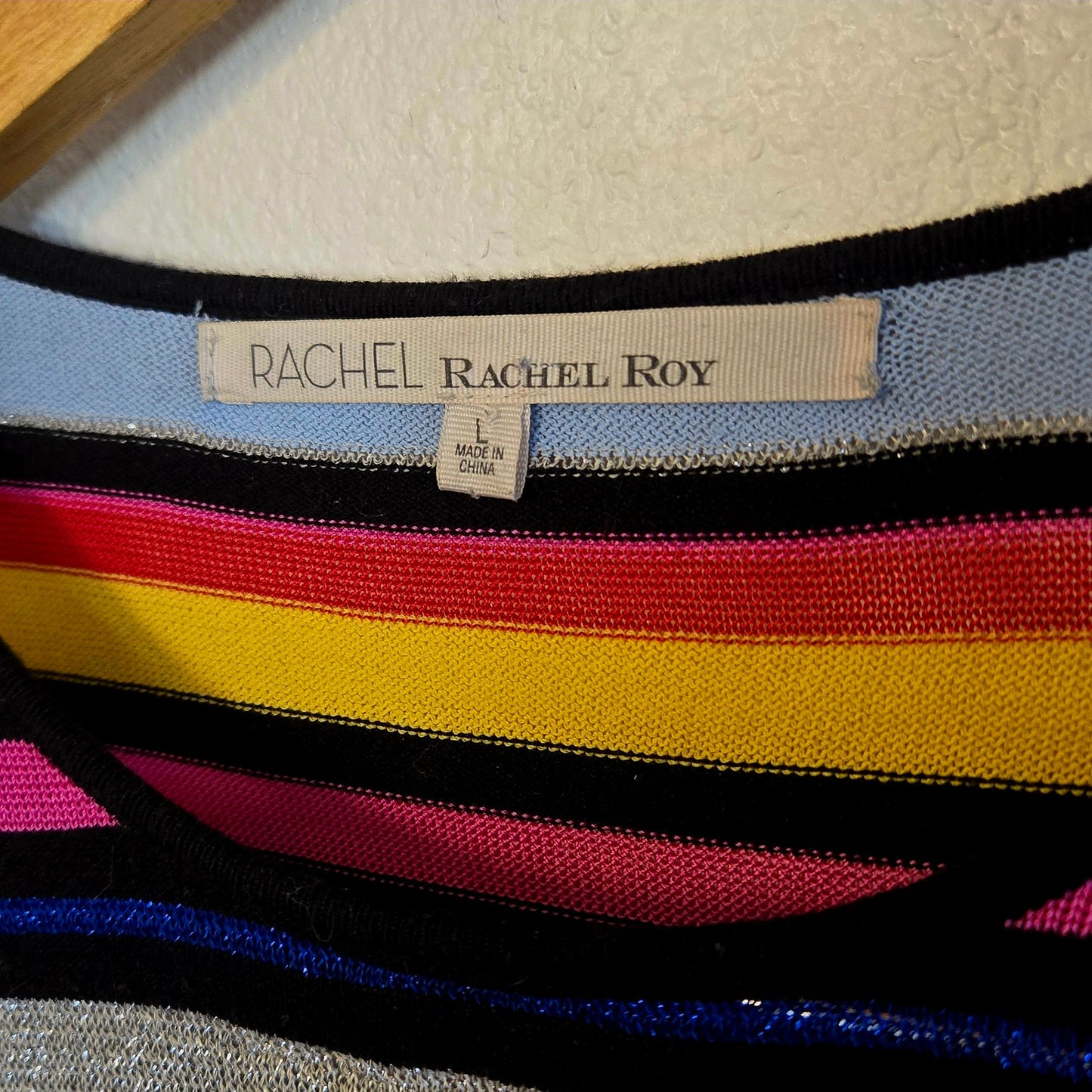 Size L – Rachel Roy Rainbow Stripe Bell Sleeve Knit Top