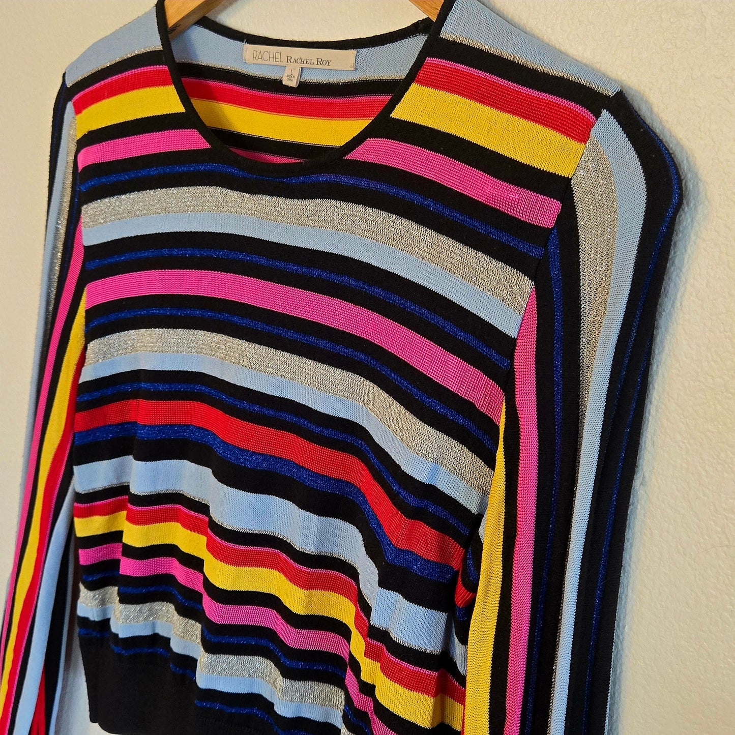 Size L – Rachel Roy Rainbow Stripe Bell Sleeve Knit Top
