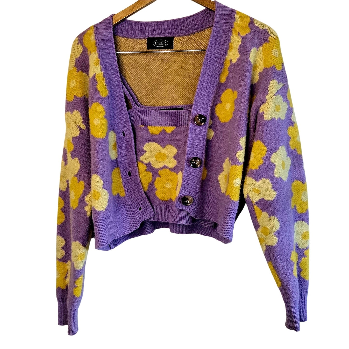 Size L – Lavender Yellow Floral Knit Tank & Cardigan Set
