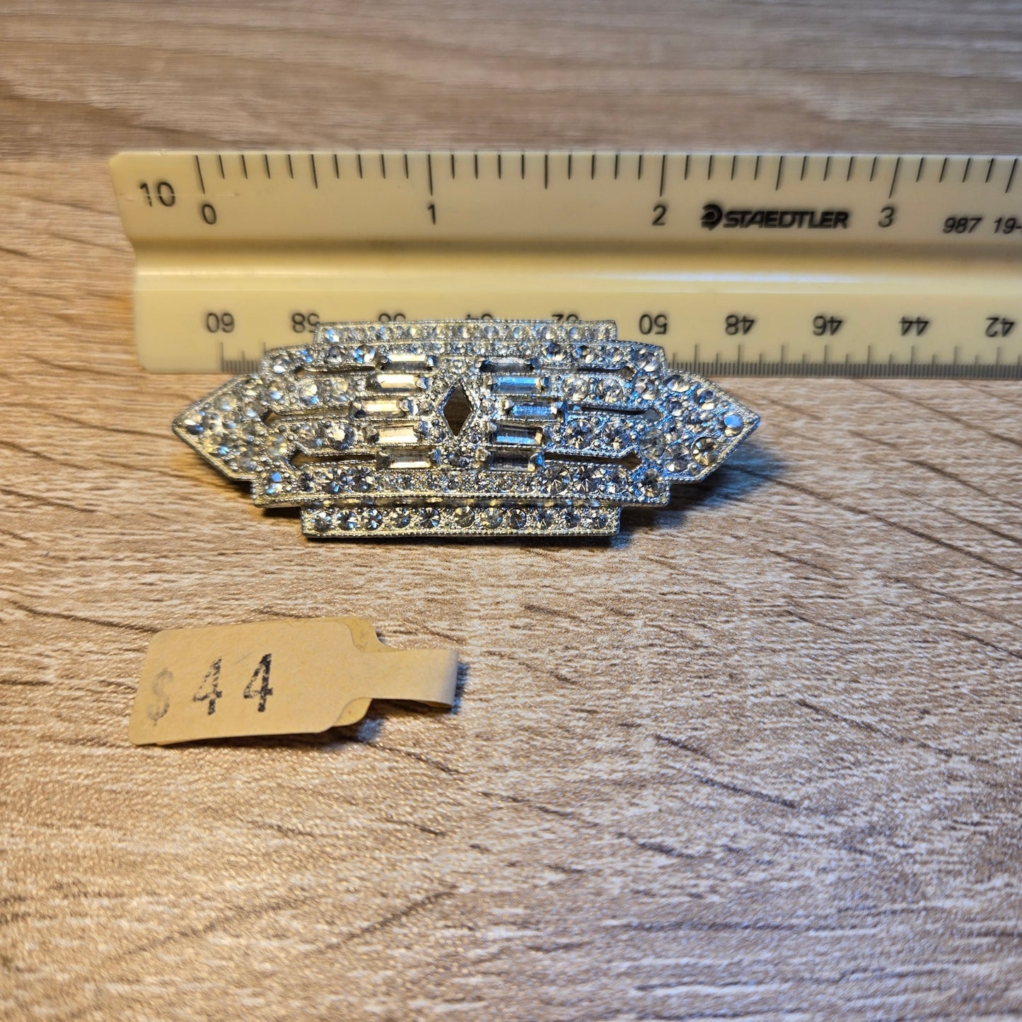 Vintage Art Deco Rhinestone Bar Brooch Silver Tone Geometric Pin