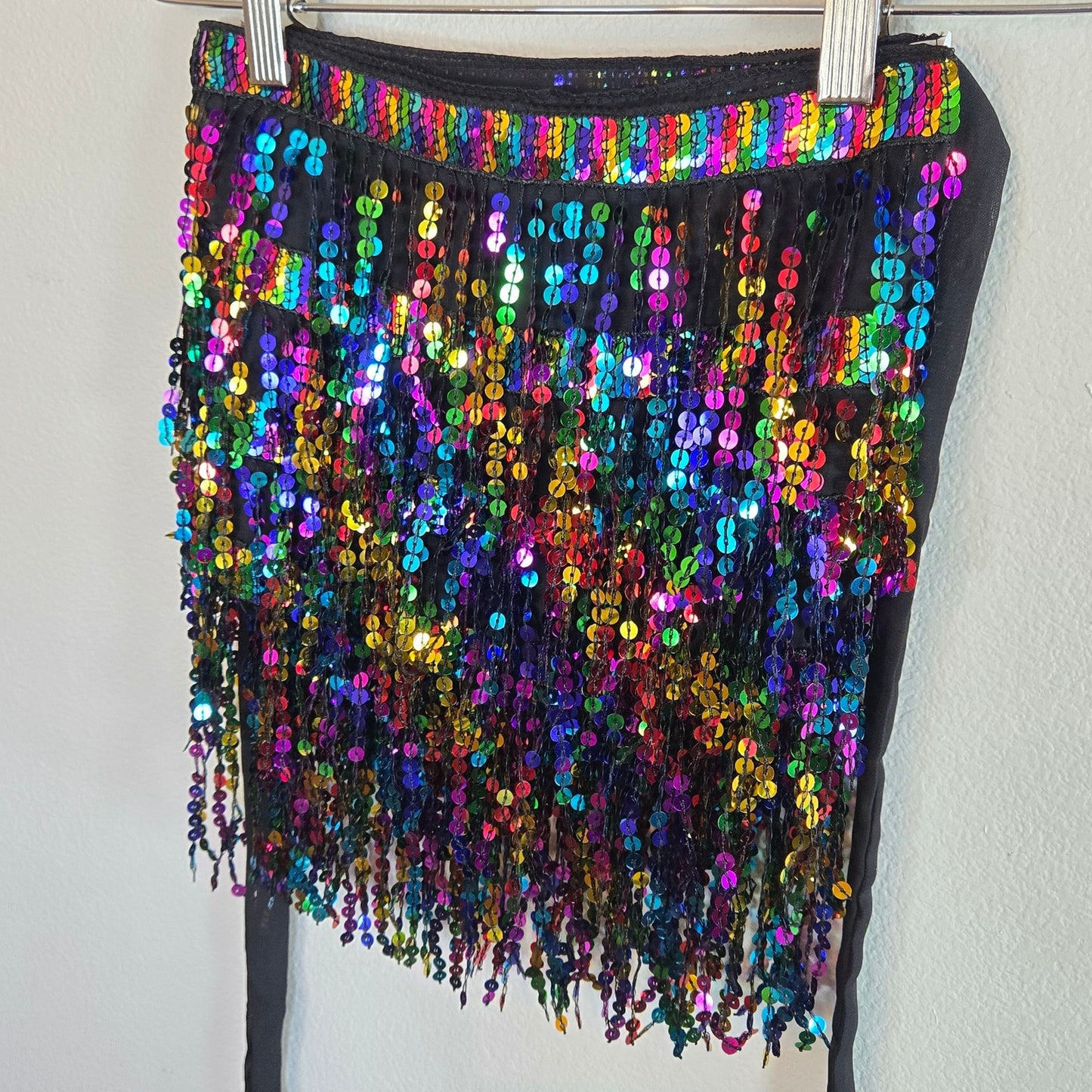 One Size – Rainbow Sequin Tassel Belly Dance Hip Scarf / Rave Skirt