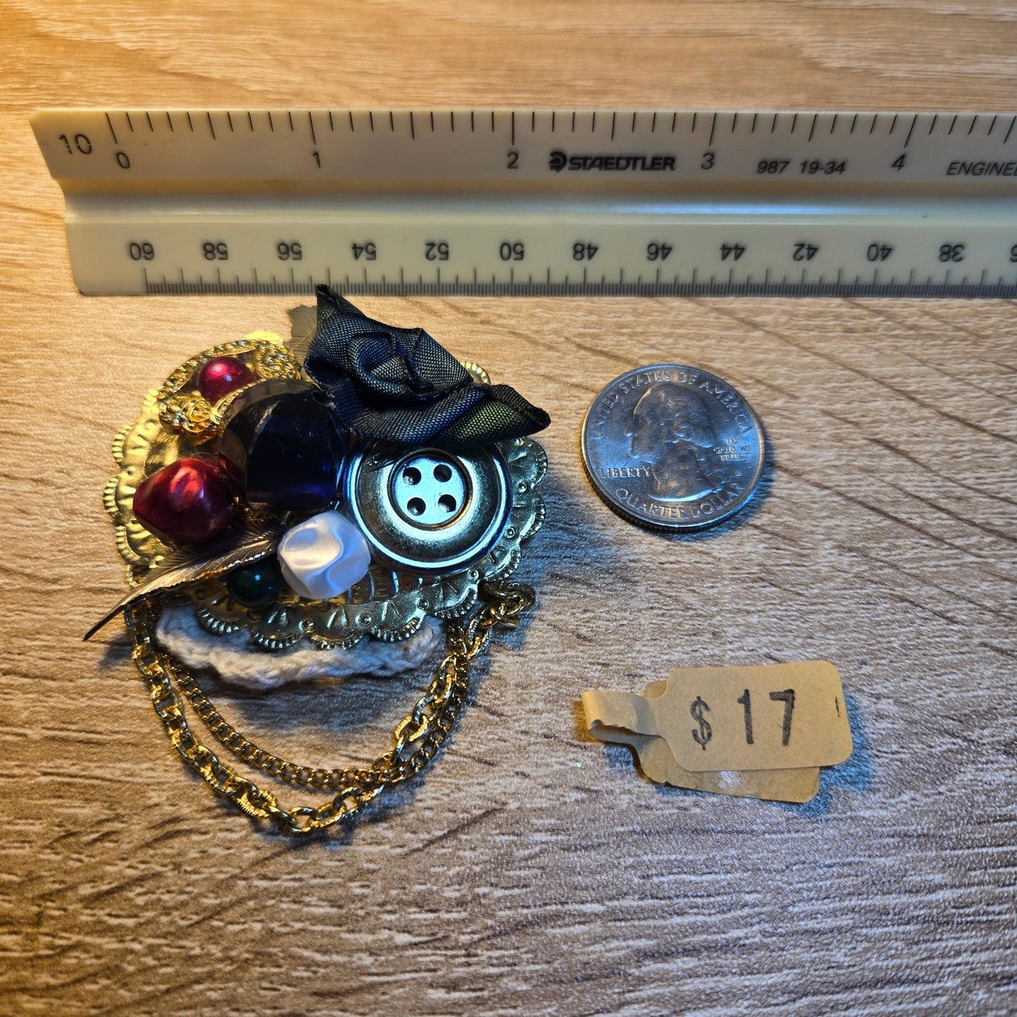 Gold Tone Assemblage Brooch with Chain Drape & Mixed Media Details