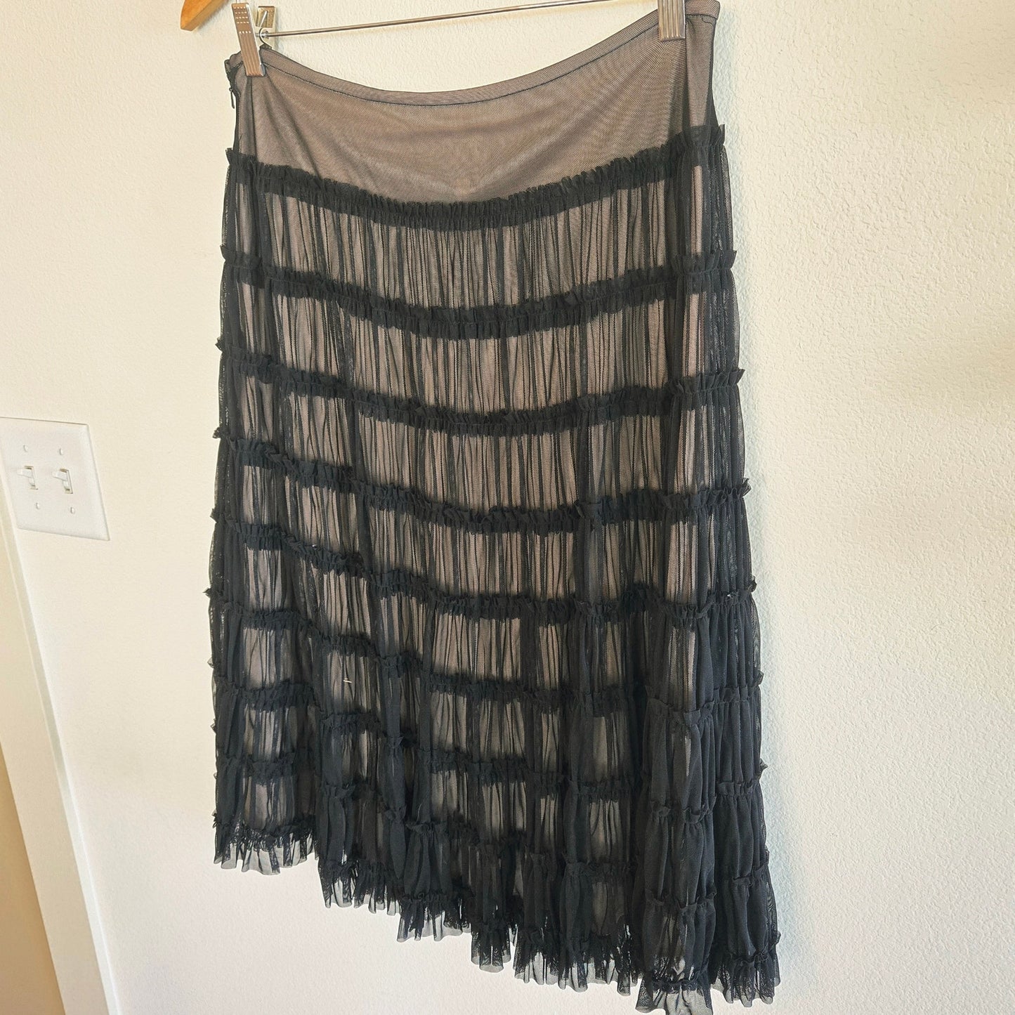 Size 6 –Vintage Y2K Nude Slip Skirt w/ Black Mesh Overlay – Midi Length