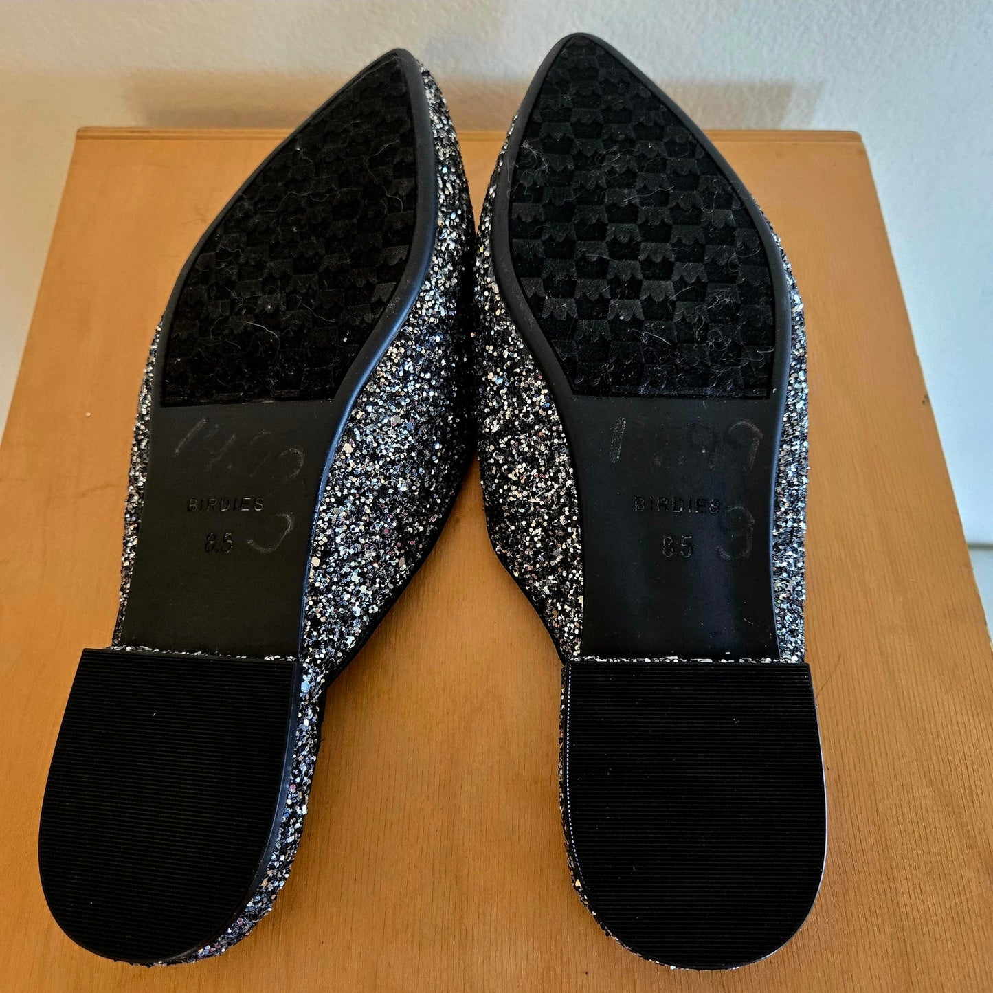 Size 8.5 – Birdies Silver Glitter Rhinestone Slipper Mules