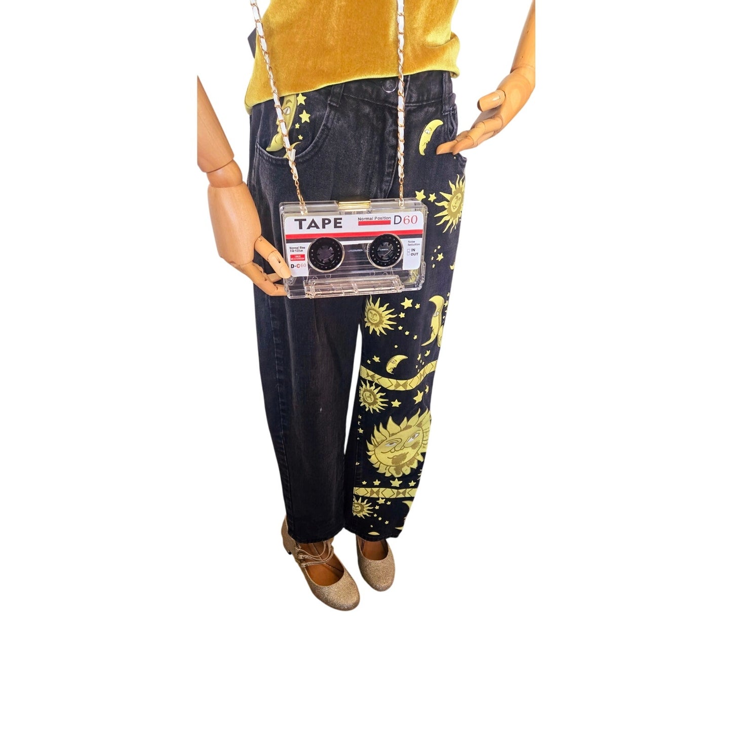 Cassette Tape Crossbody box bag clear gold and white handle