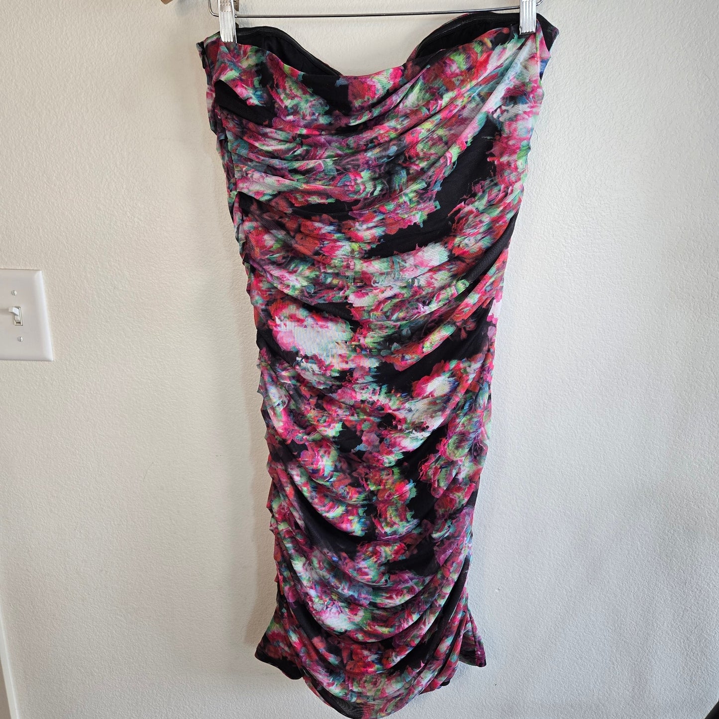 NWT Size L Y2K Steve Madden Neon Floral Ruched Strapless Bodycon Dress