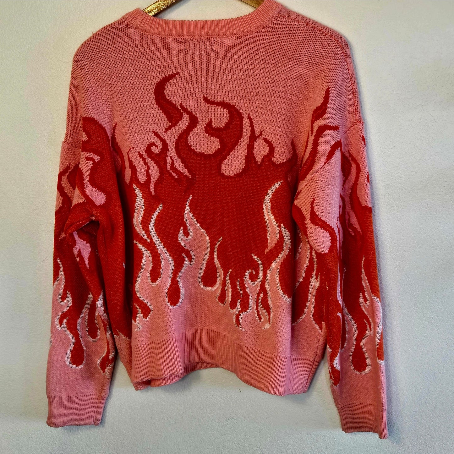 Size M – Pink & Orange Fire Print Oversized Knit Sweater