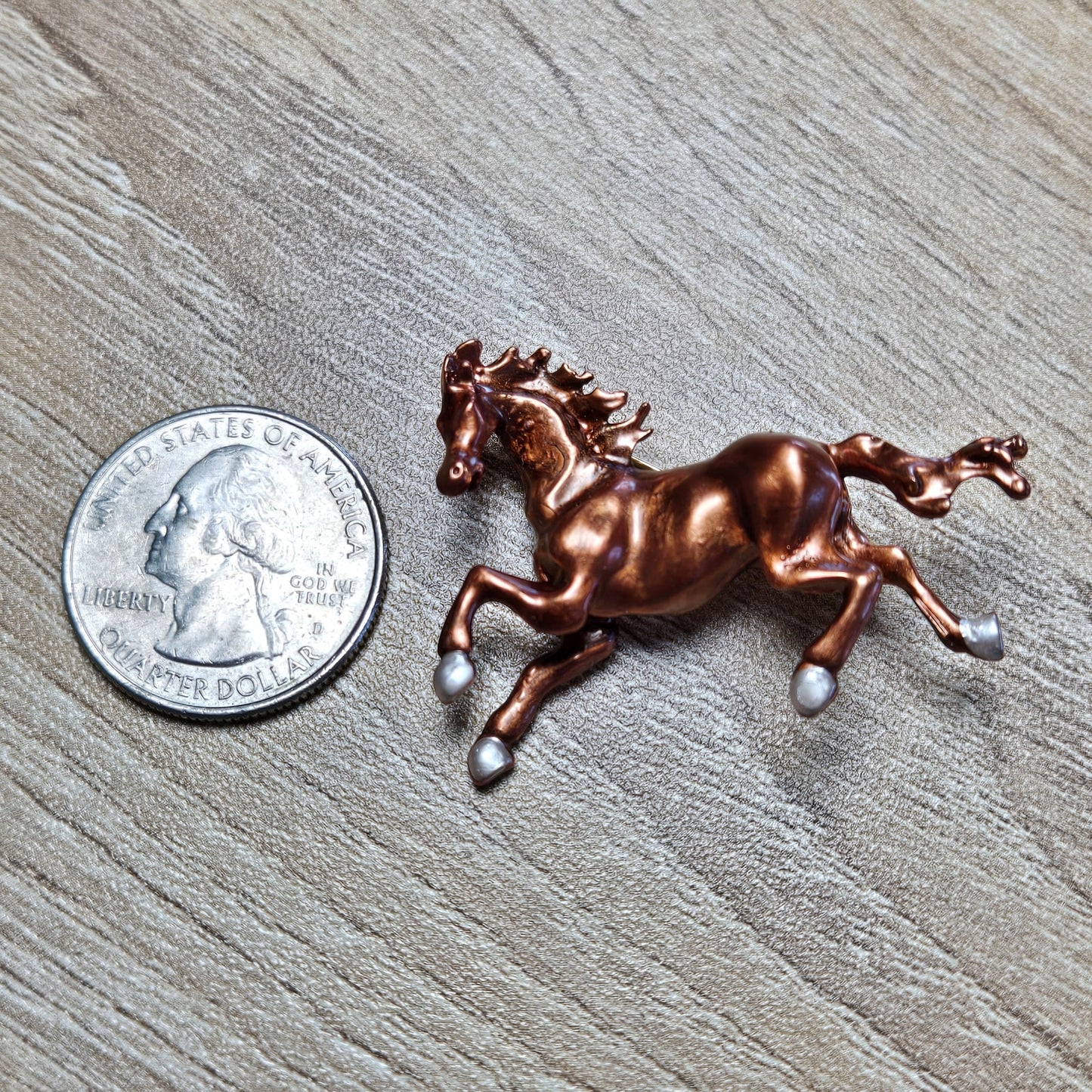 Copper Galloping Horse Brooch with Pearly Hooves