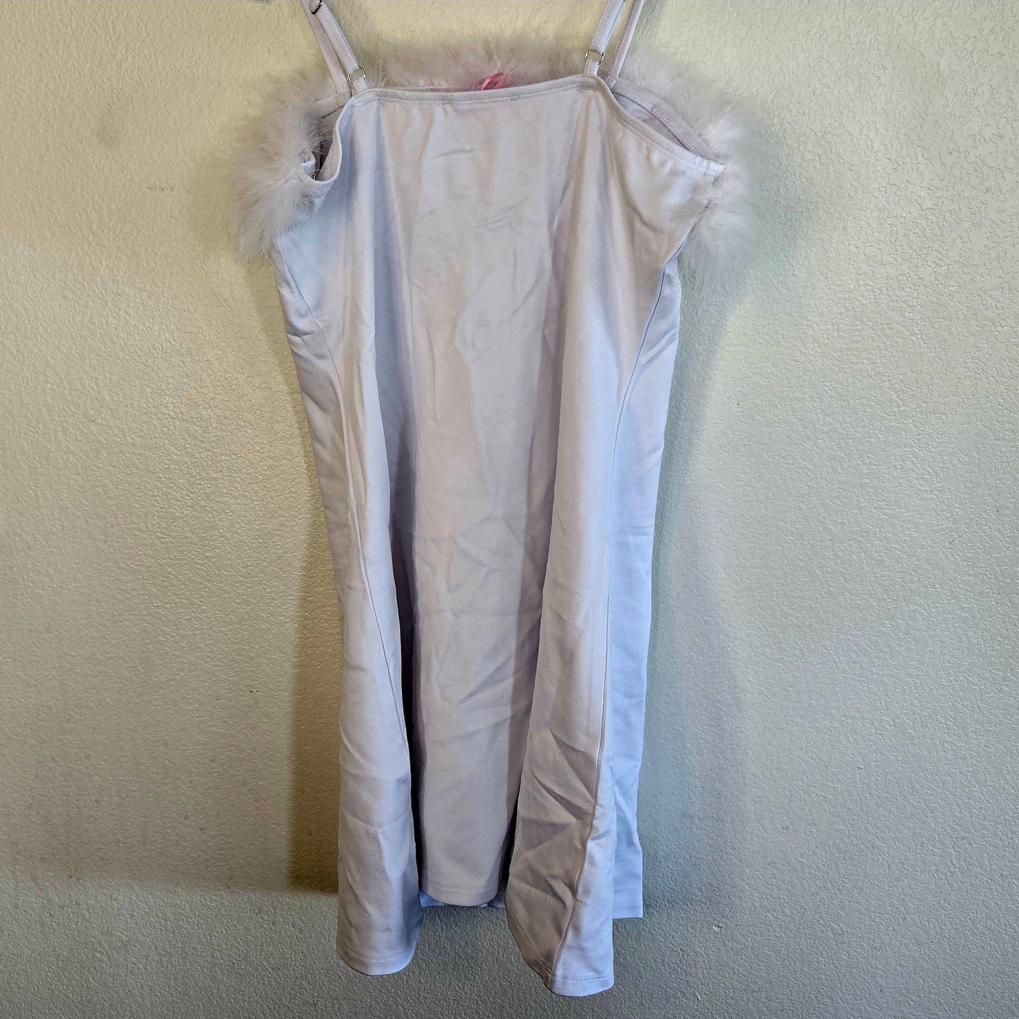 Size L – Sugar Thrills White Marabou Trim Strappy Mini Dress (NWT)