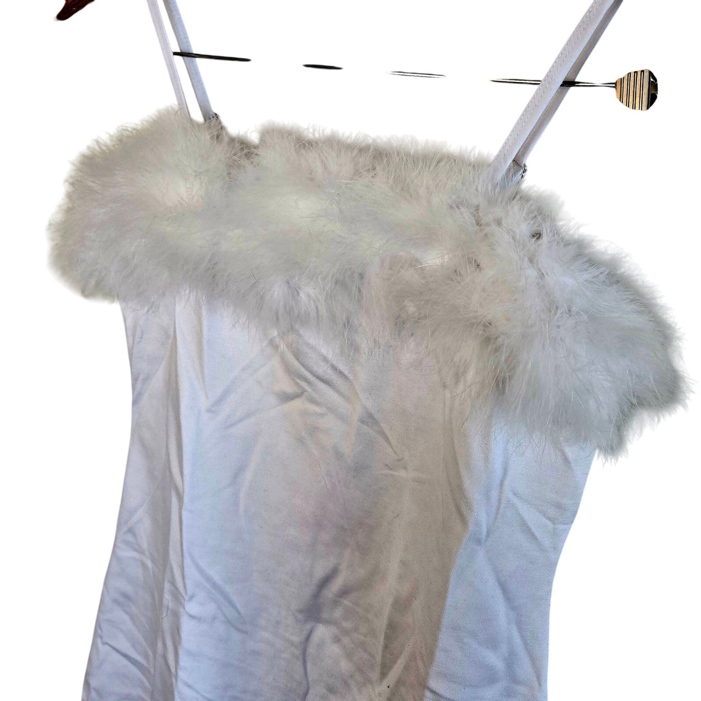 Size L – Sugar Thrills White Marabou Trim Strappy Mini Dress (NWT)