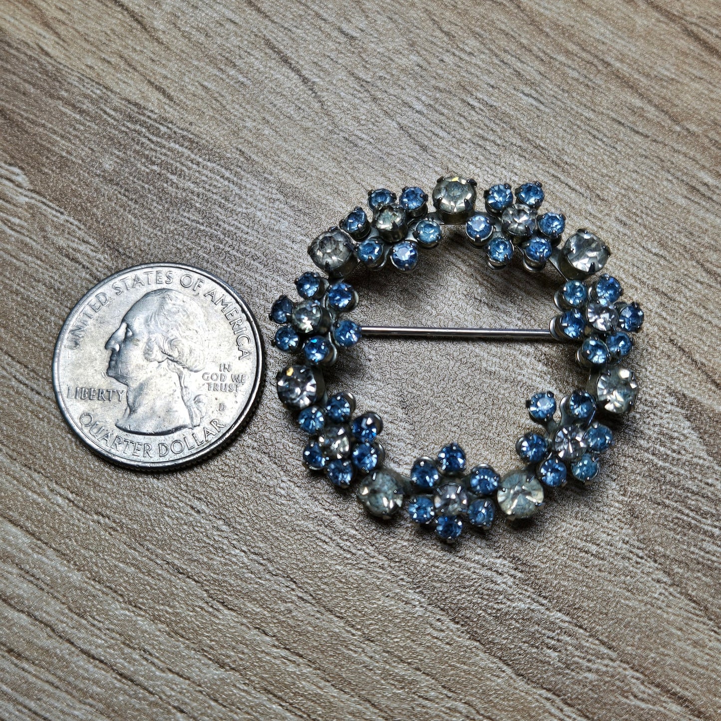 Blue & Clear Rhinestone Circle Wreath Brooch