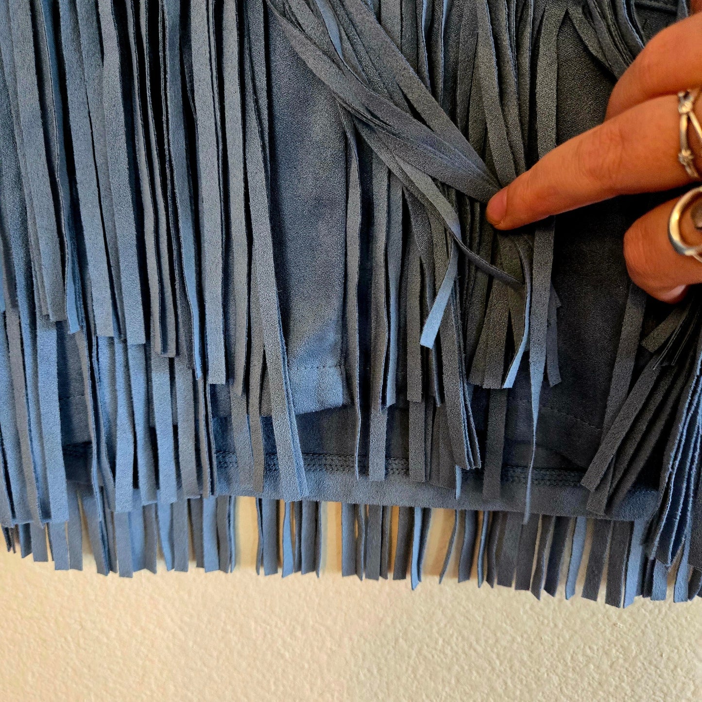 faux suede blue fringe mini skirt Altar'd State