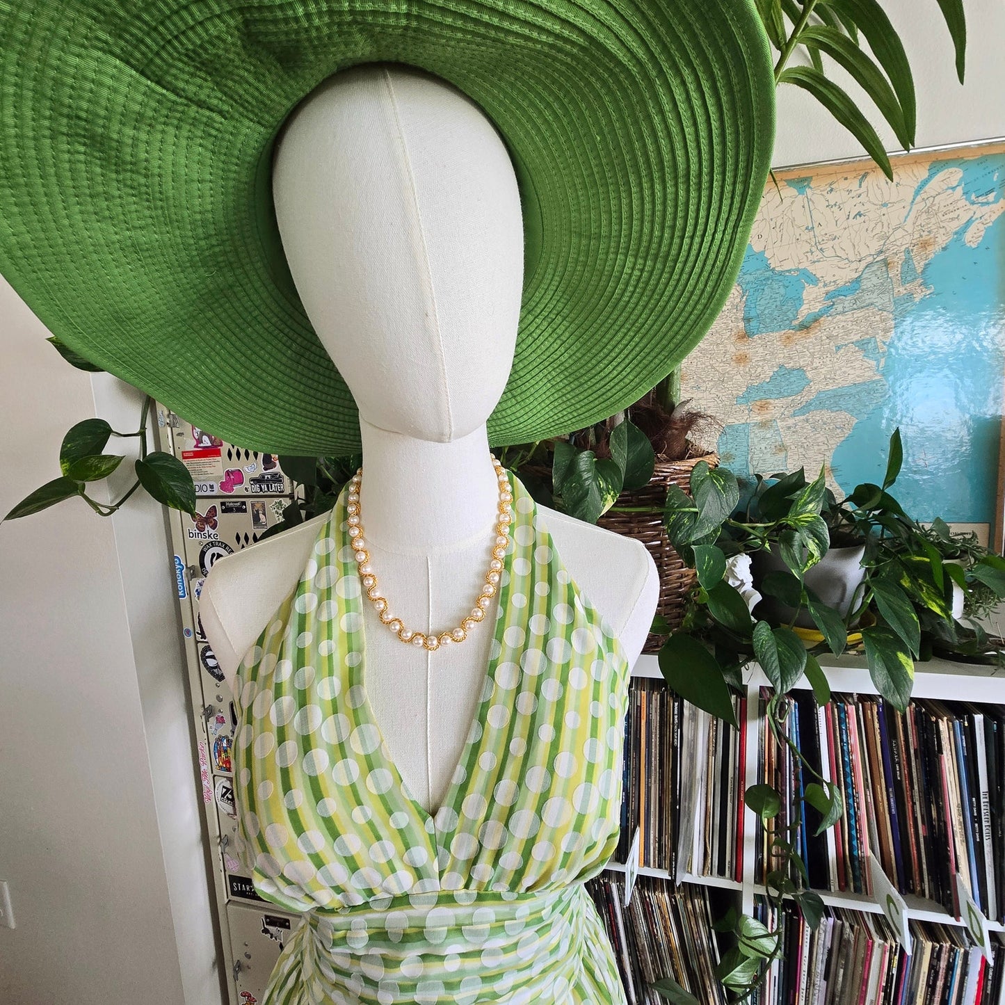 1980S STYLE POLKA DOT GREEN STRIPE HALTER SWING DRESS