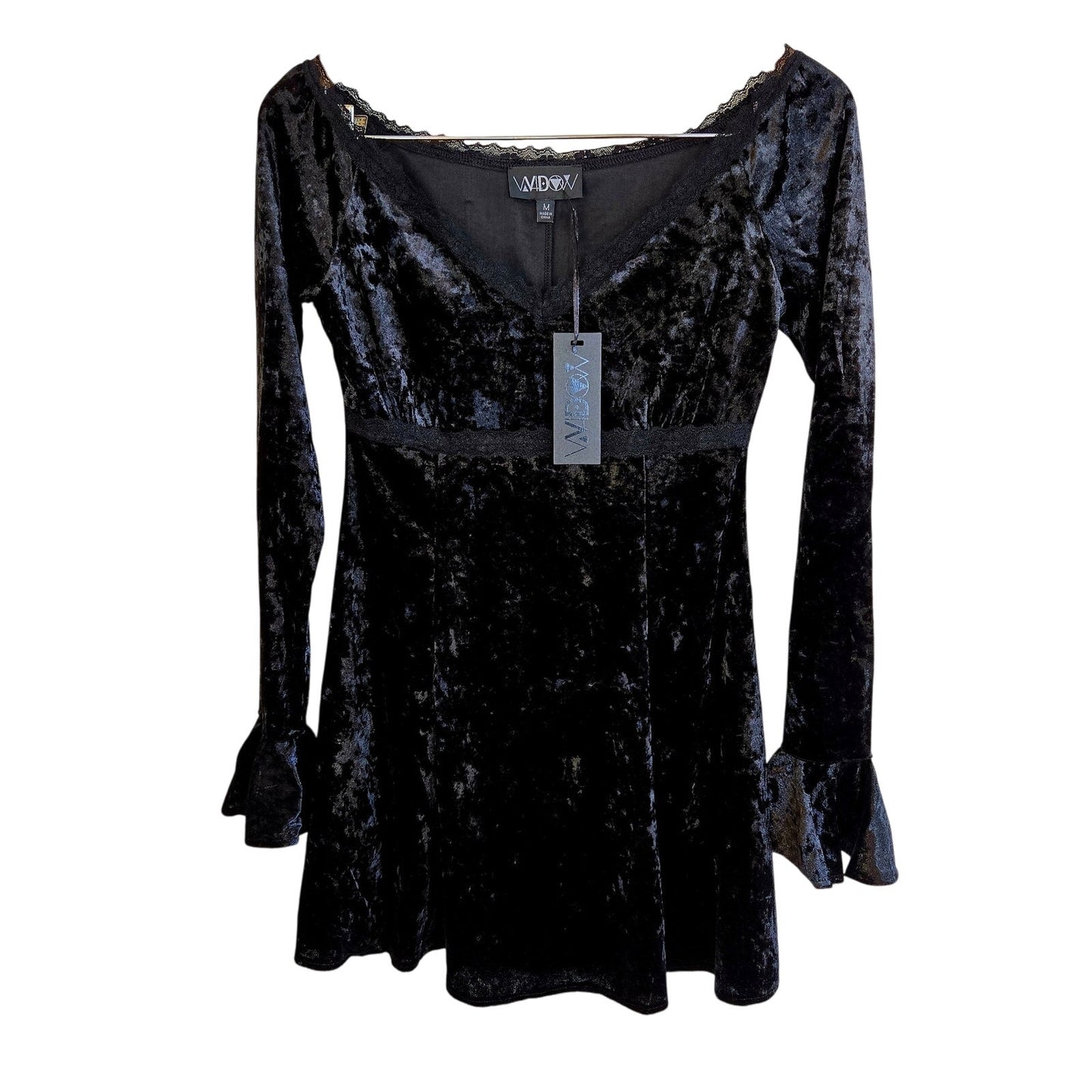 Size M – Widow Black Velvet Bell Sleeve Empire Waist Mini Dress (NWT)
