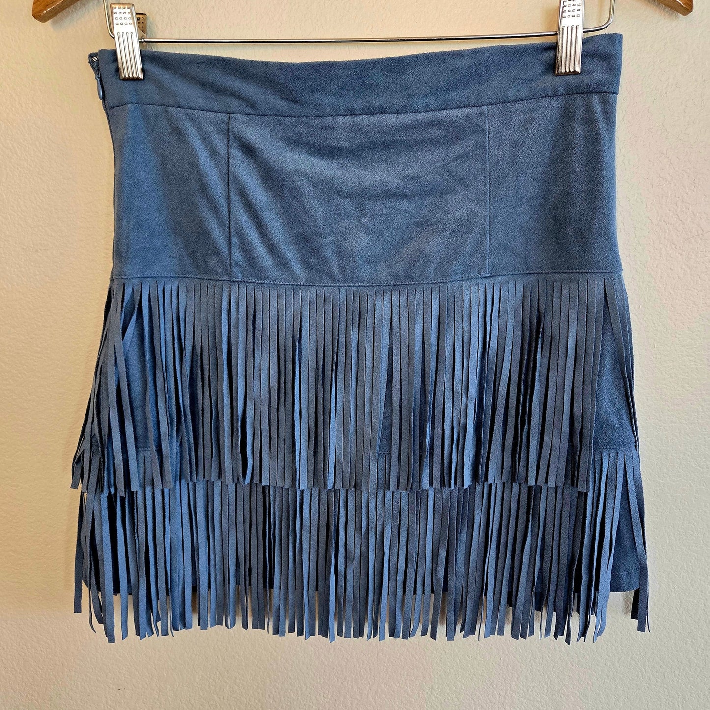faux suede blue fringe mini skirt Altar'd State