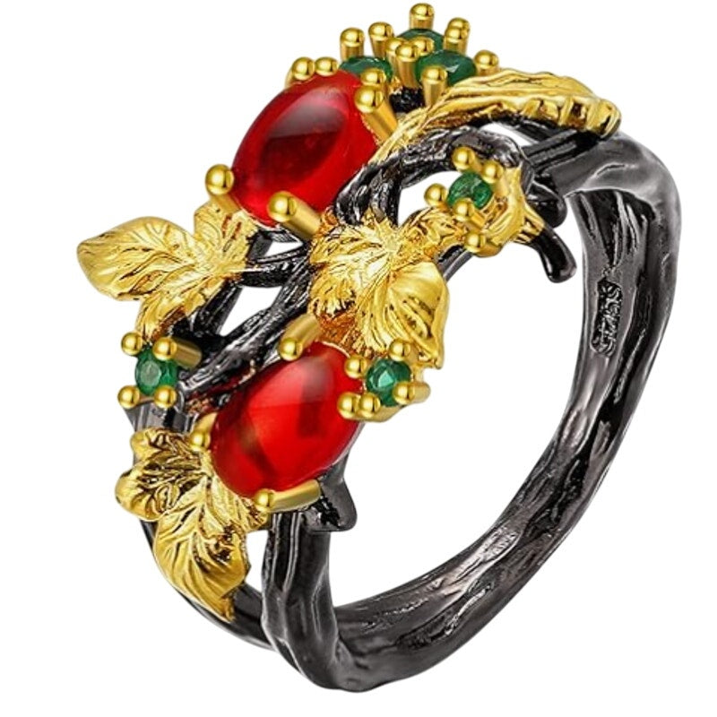 Gothic Ruby Black Ring with Rhinestones Size 8