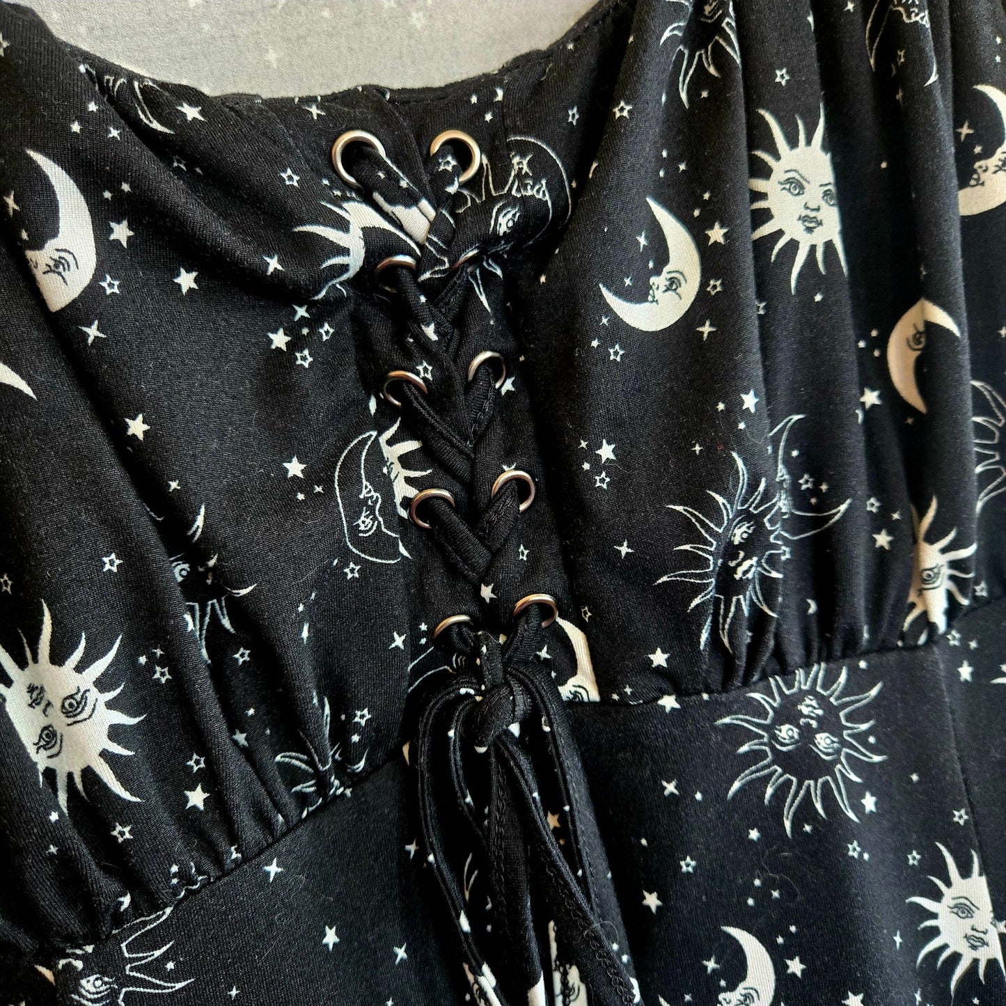 Size XS – Sun Moon Star Empire Waist Mini Dress