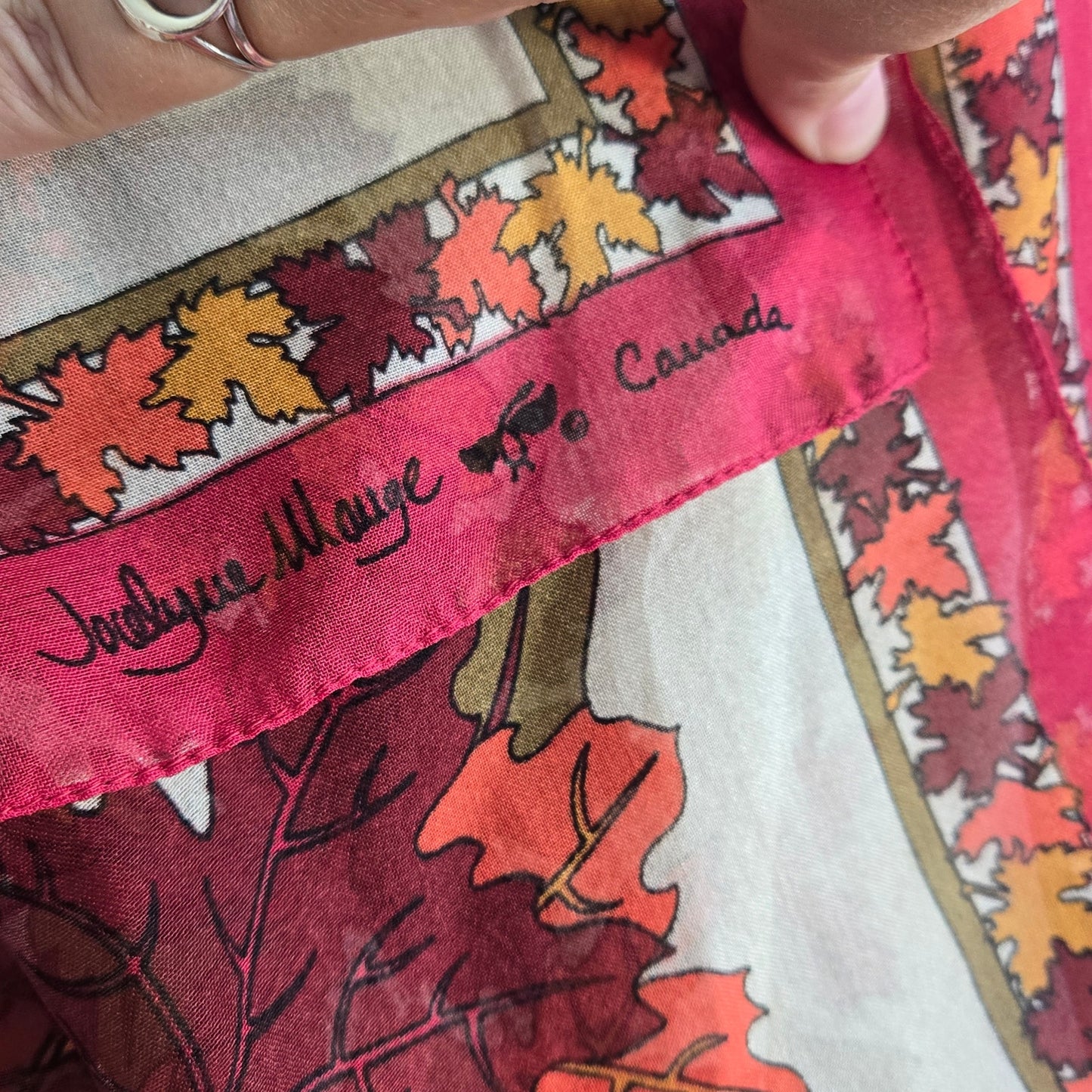 Vintage Jocelyne Mange Canada Sheer Autumn Maple Leaf Scarf – 13x60”