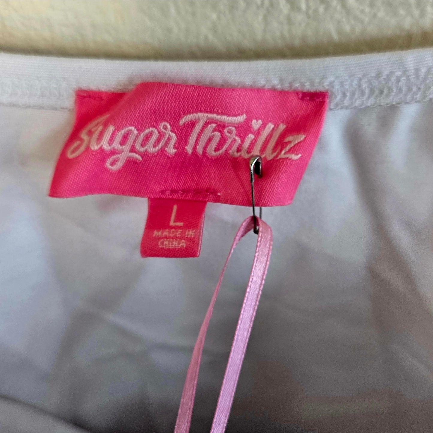 Size L – Sugar Thrills White Marabou Trim Strappy Mini Dress (NWT)