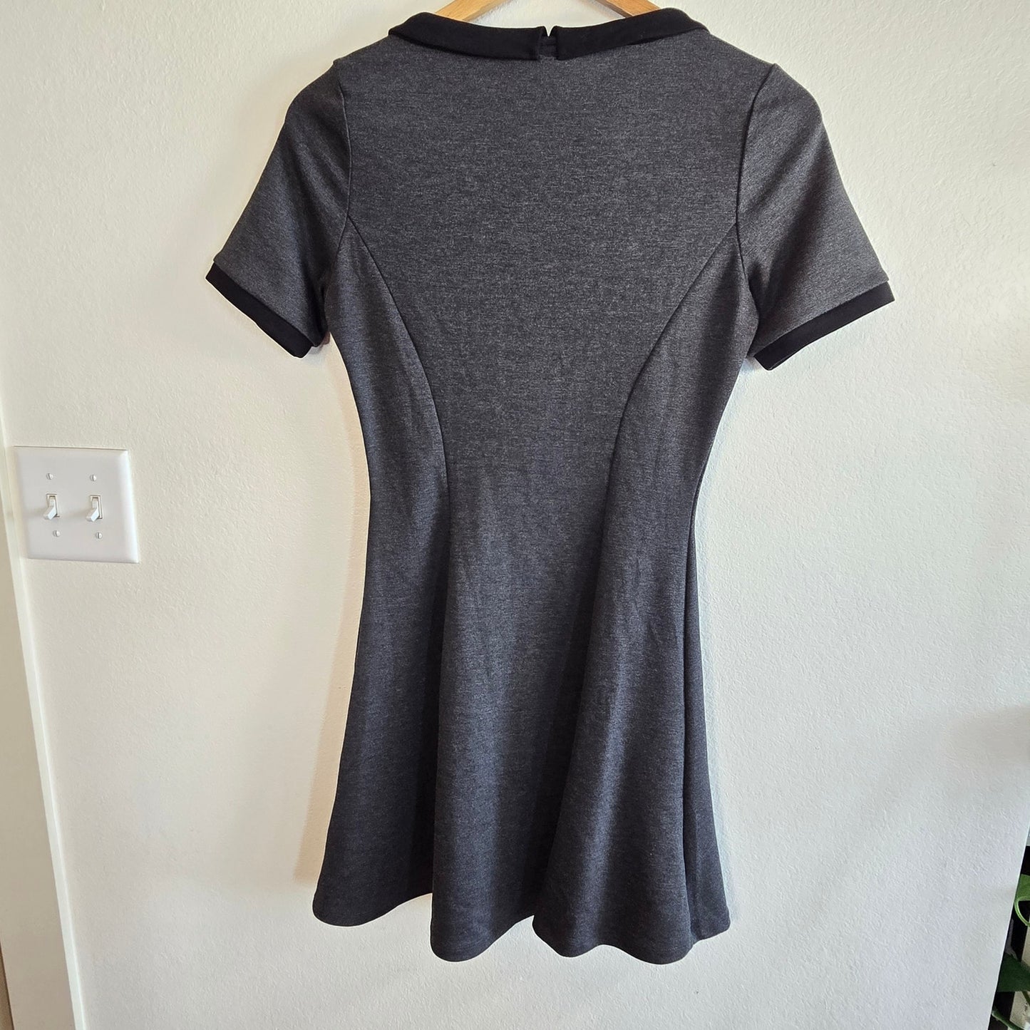 Size 8 Charcoal Peter Pan Collar Mini Dress – 90s Minimalist Office Goth Fit & Flare