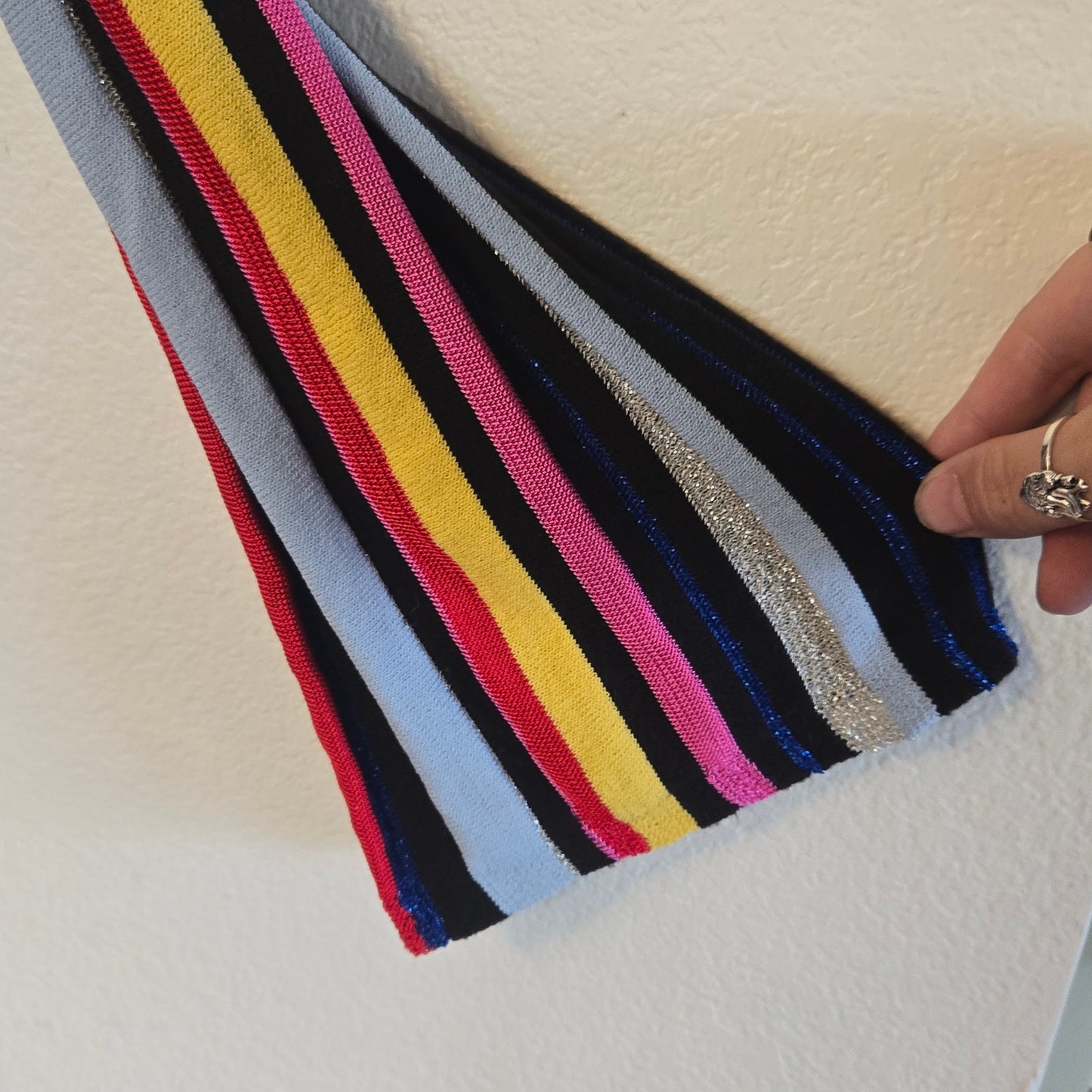 Size L – Rachel Roy Rainbow Stripe Bell Sleeve Knit Top