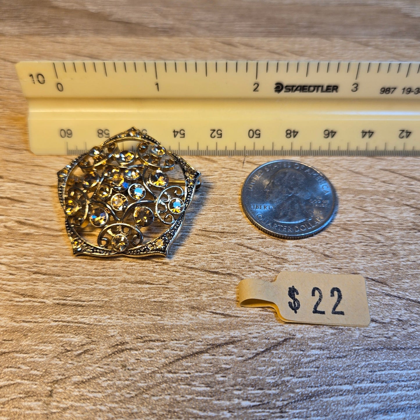 Vintage Monet Gold Tone Rhinestone Filigree Brooch