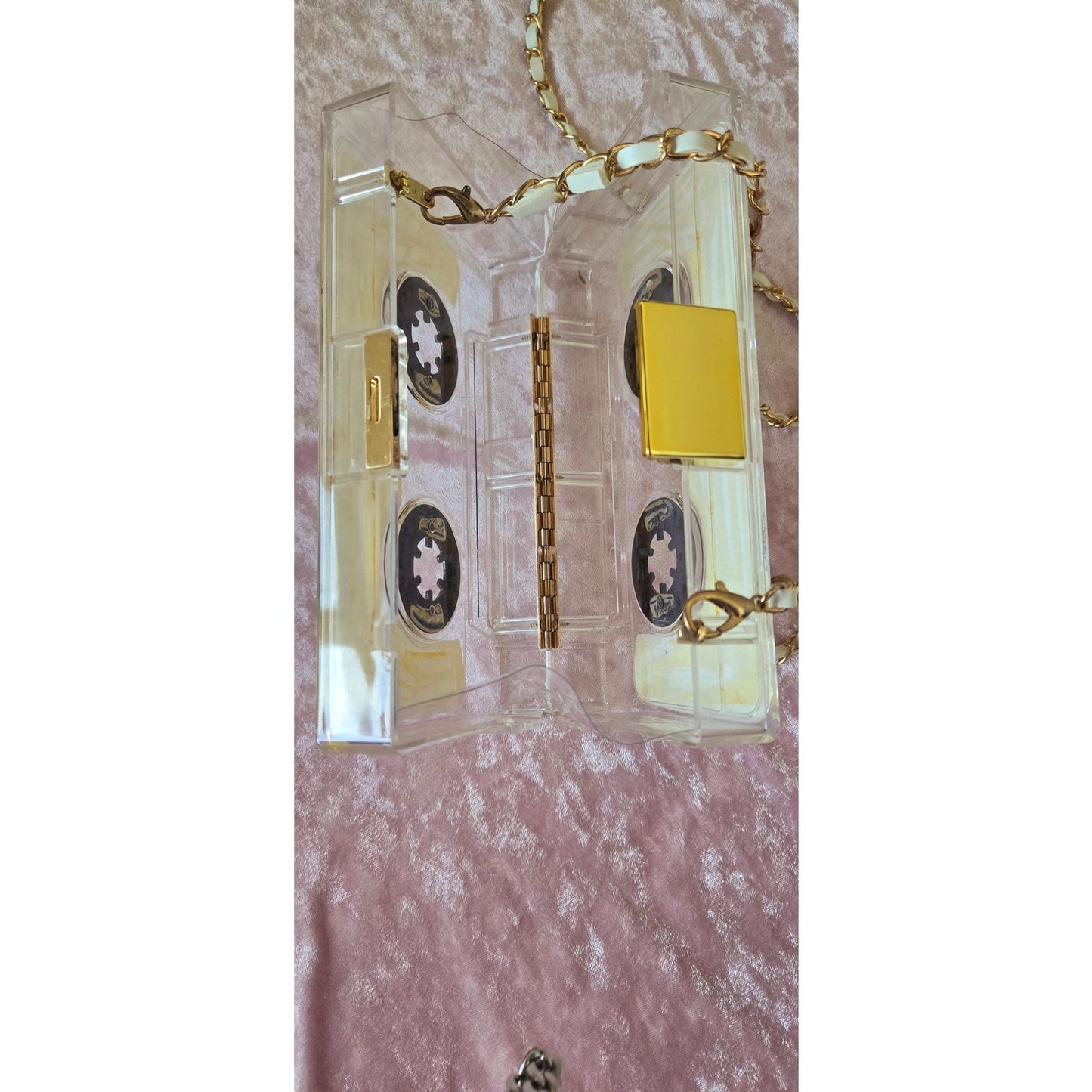 Cassette Tape Crossbody box bag clear gold and white handle