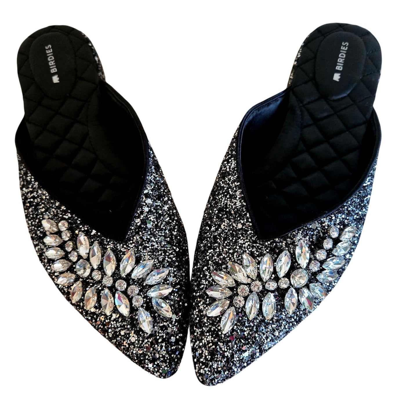 Size 8.5 – Birdies Silver Glitter Rhinestone Slipper Mules