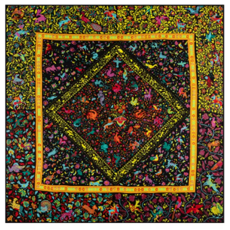 Square Silk Scarf – Black & Yellow Jungle Tapestry