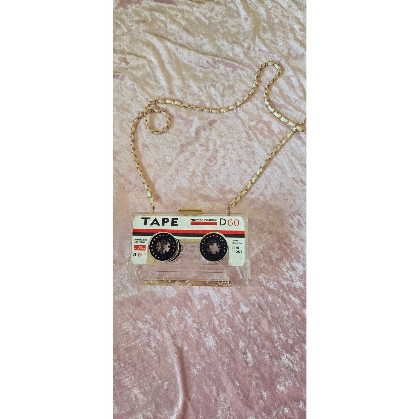 Cassette Tape Crossbody box bag clear gold and white handle