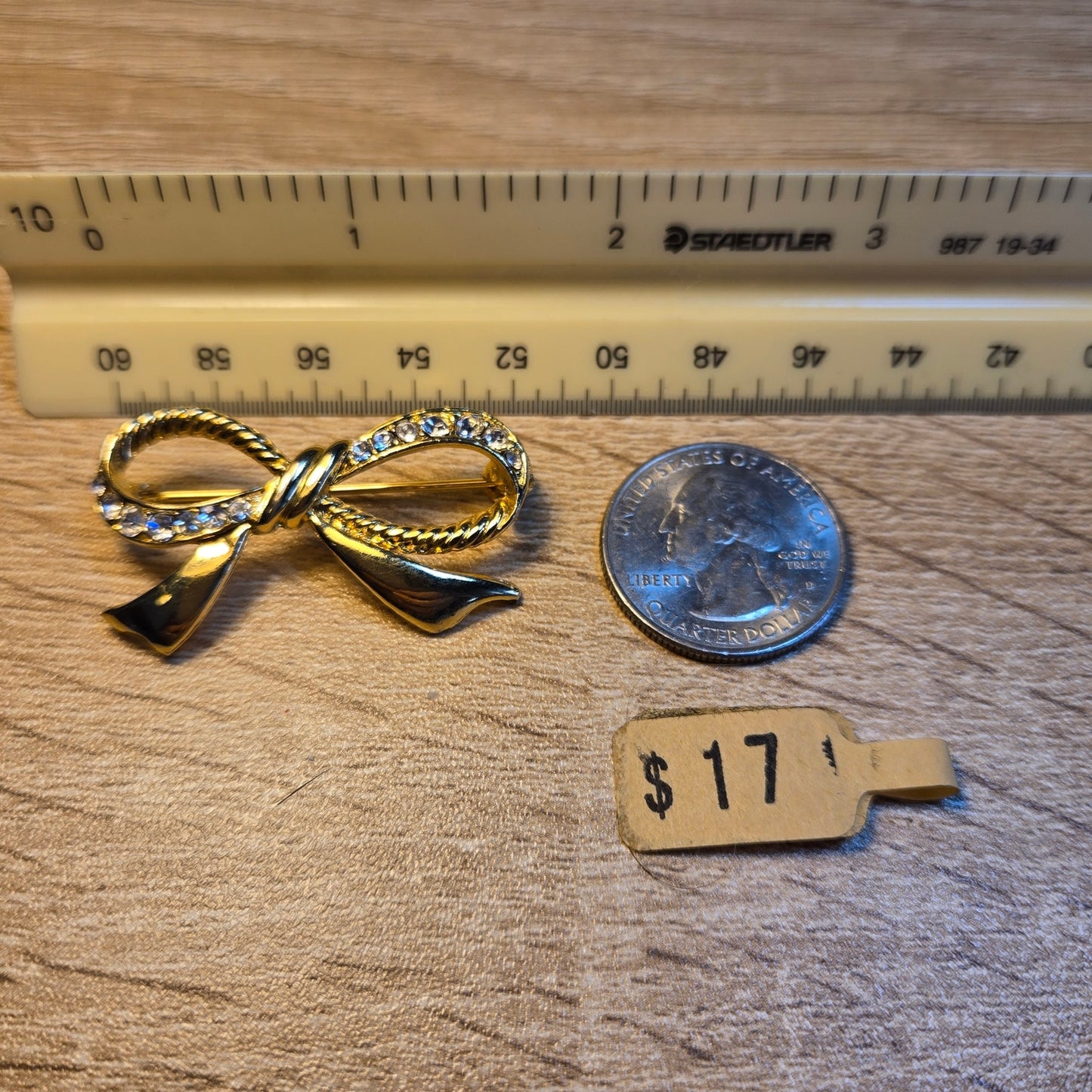 Vintage Gold Tone Rhinestone Bow Brooch