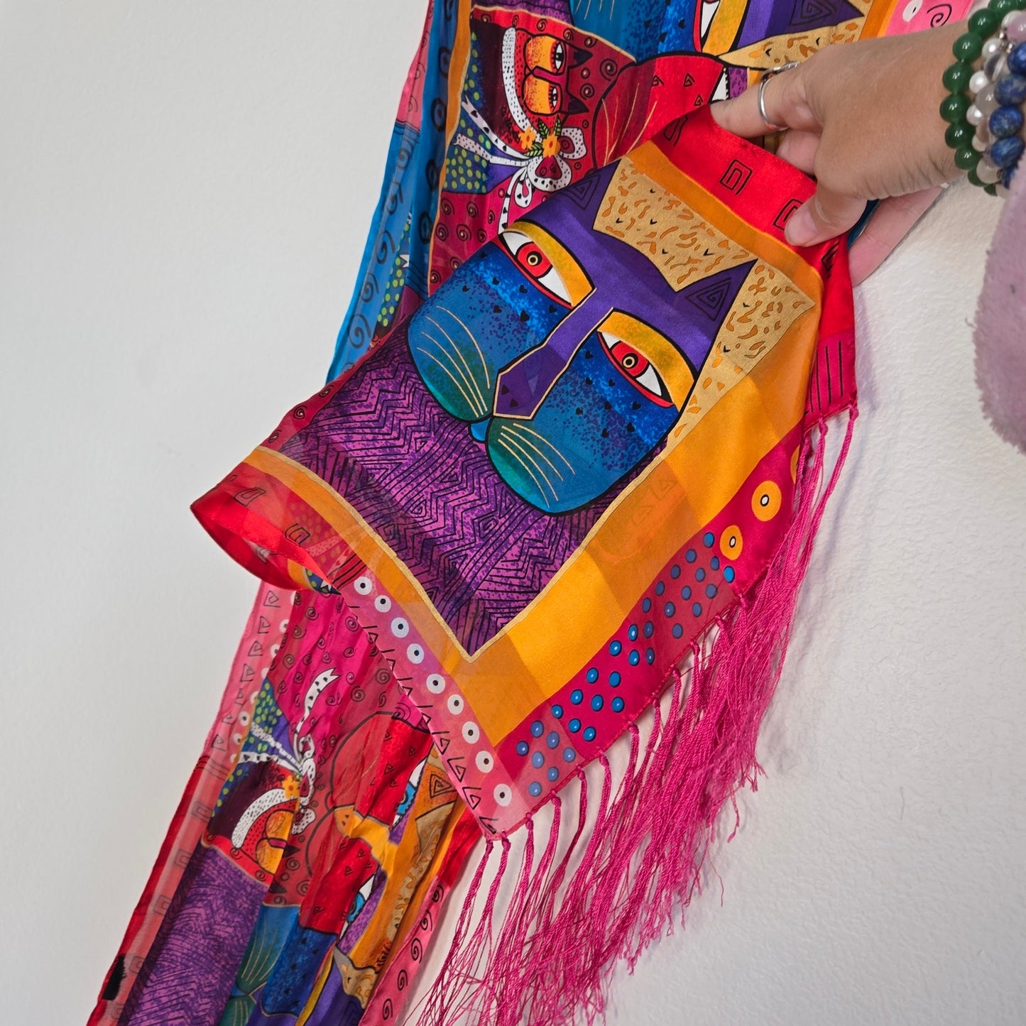 Colorful Cat Art Scarf with Fringe – 12"x56" Satin Feel | Whimsical Boho Animal Print Shawl