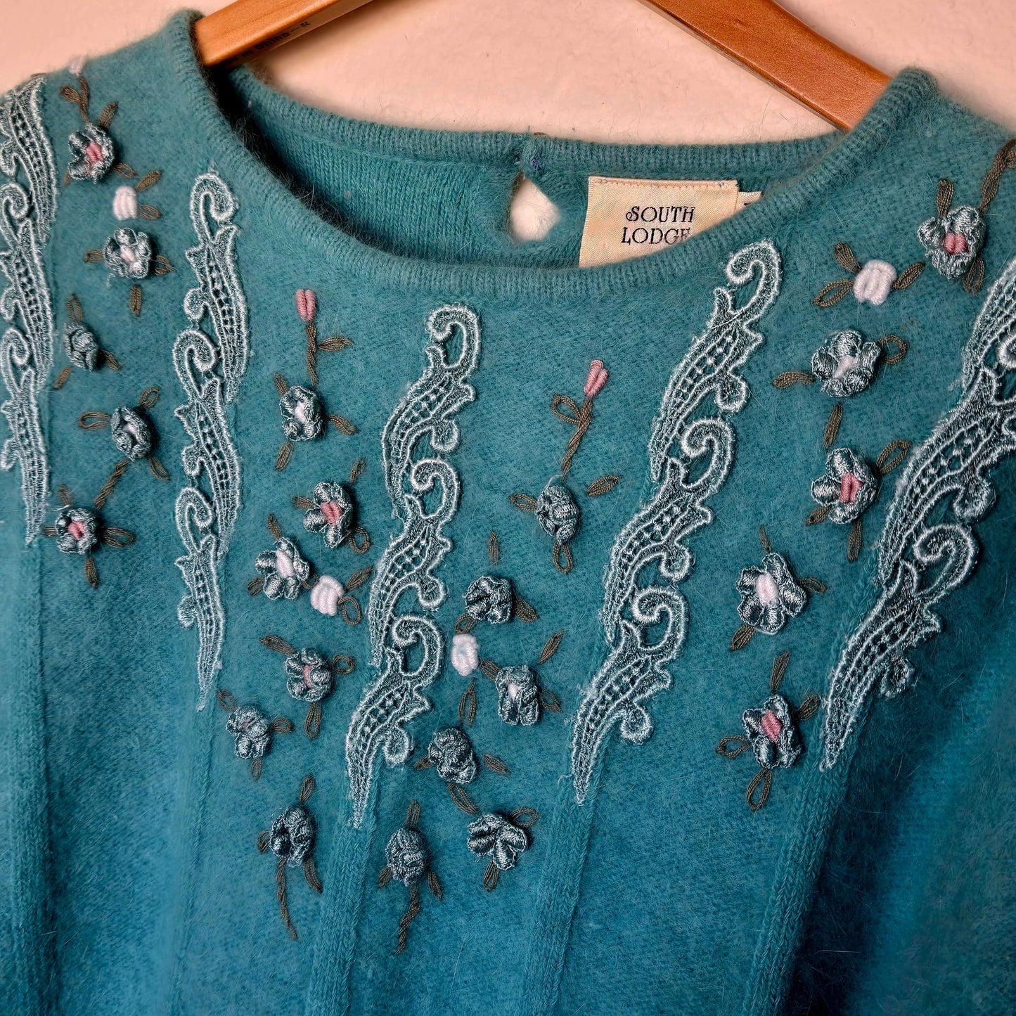 Vintage Handcrafted Angora sweater with embroidery and flowers South Lodge