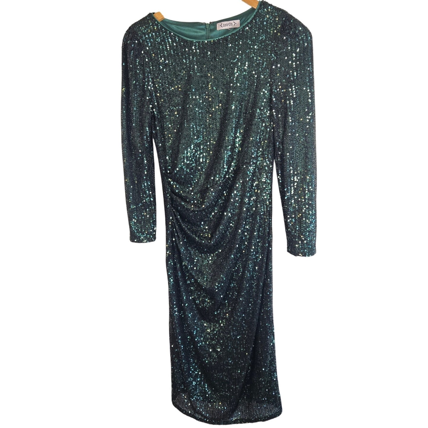 S – Nanette Lepore Green Sequin Ruched Midi Party Dress