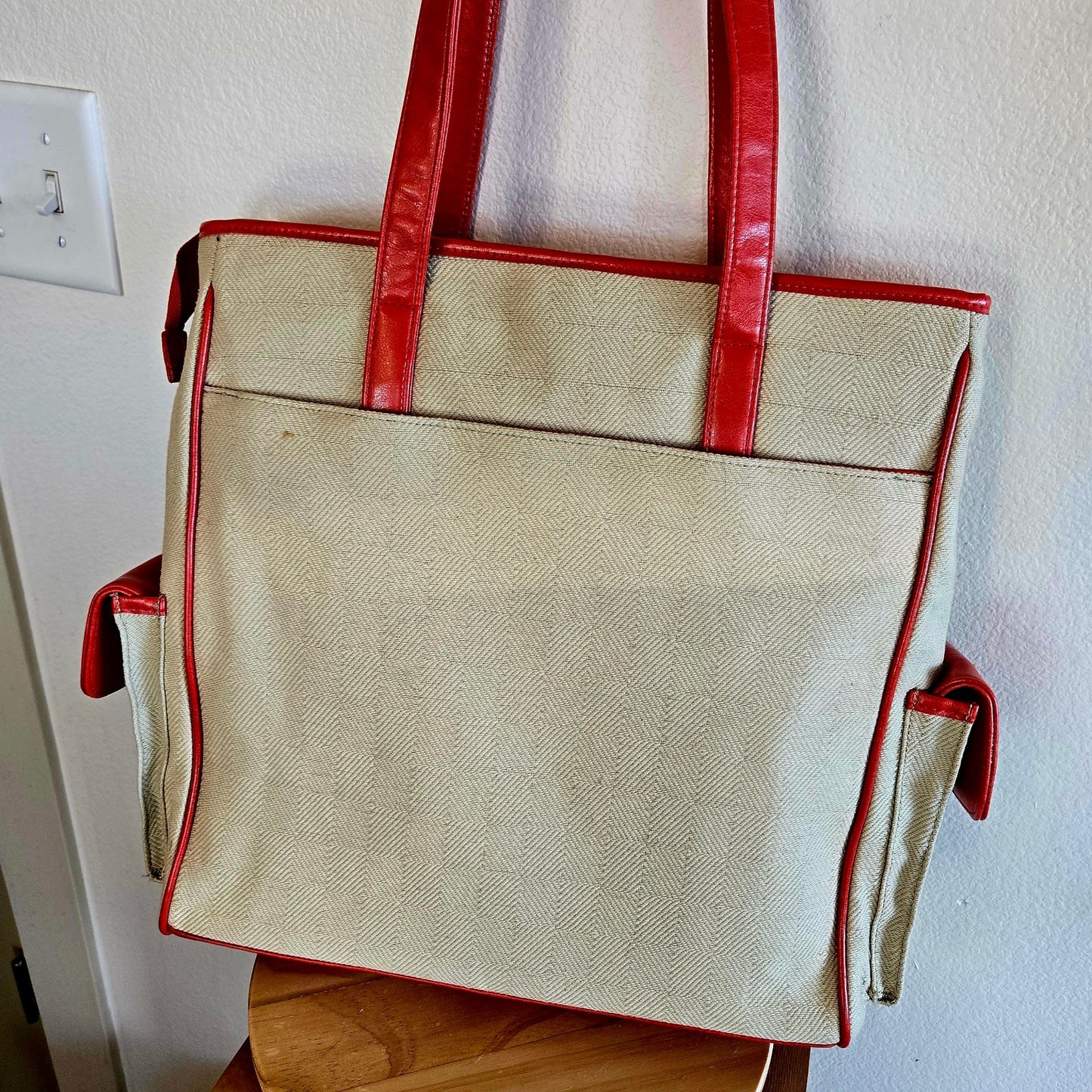 Buxton Cream Canvas & Leather Tote Bag w/ Rainbow Lining