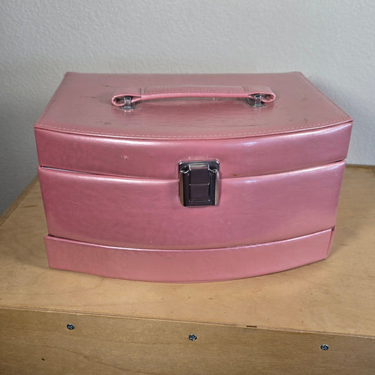 1980s Vintage Blush Pink Faux Leather Jewelry Box – Tiered Trays, Curved Shape, Barbiecore Vanity Vibes