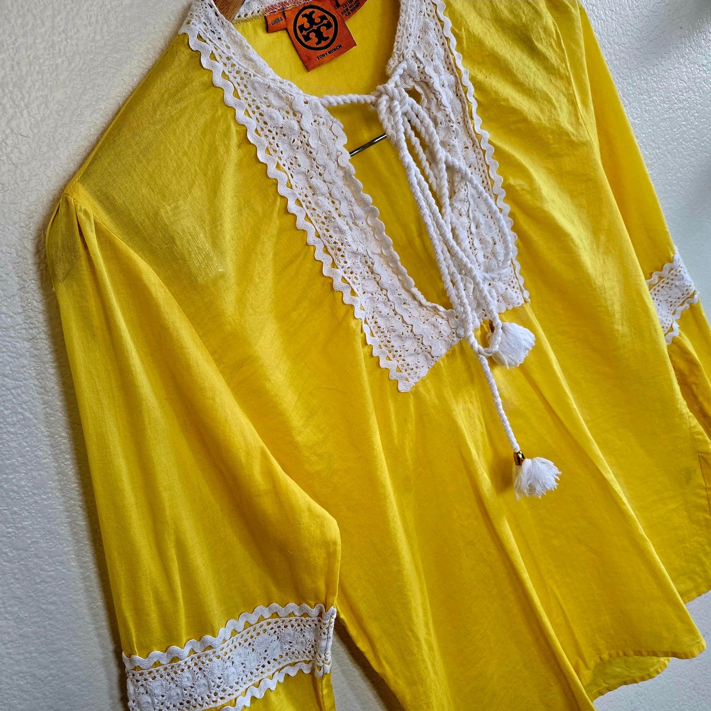 Tory Burch 100% cotton yellow long sleeve top with tie detail
