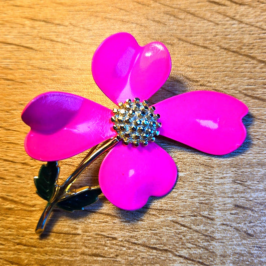 Vintage Sarah Coventry Neon Pink Enamel Dogwood Blossom Brooch