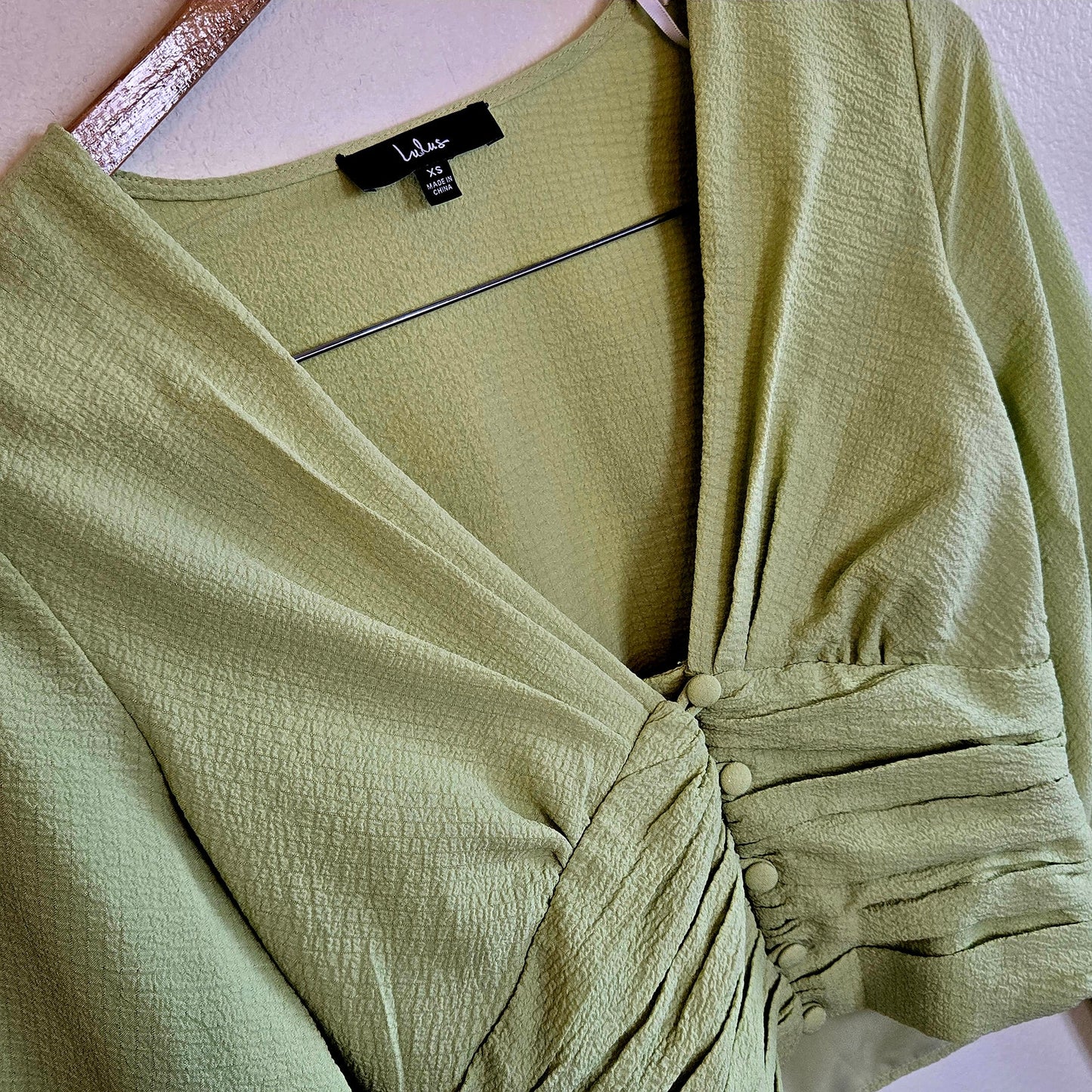 Pistachio green V neck Button front blouse with balloon sleeves cropped