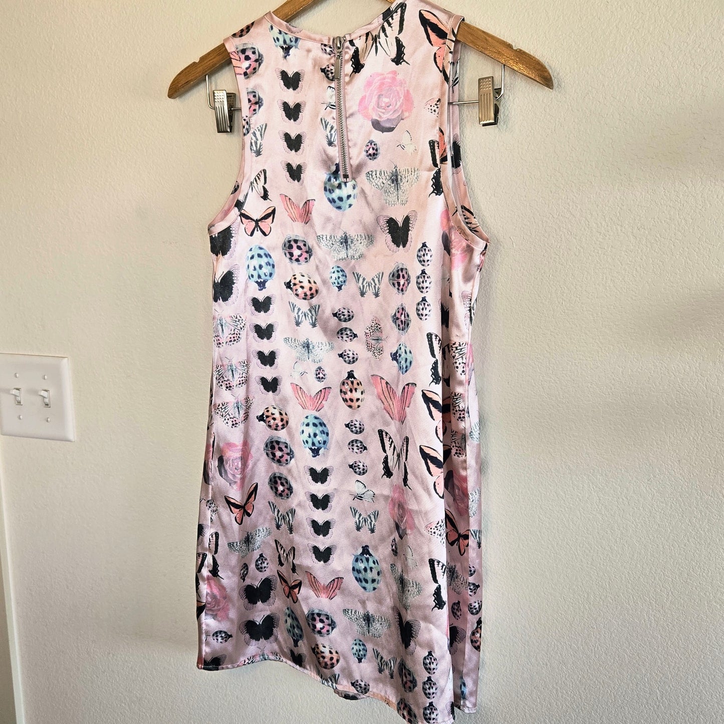 Size XS – Pink Satin Bug Print Shift Dress
